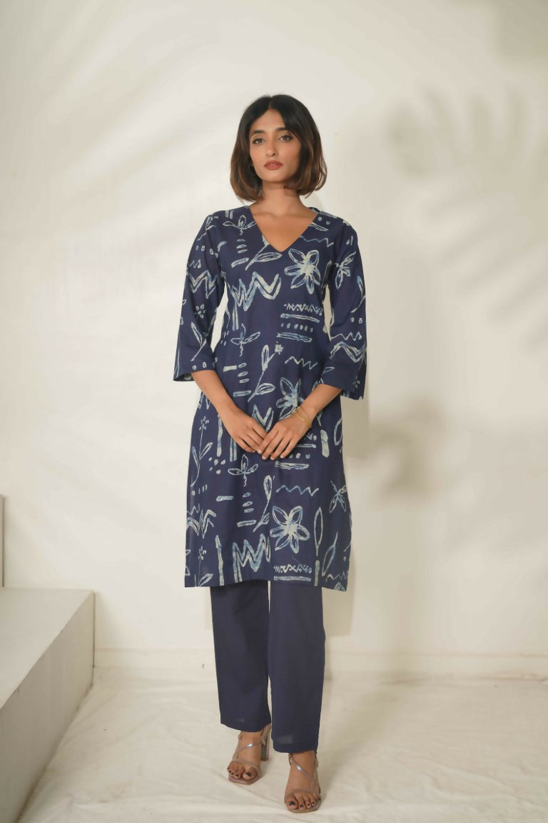 Miravan Women's Abstract Printed Cotton Blue Co-Ord Set