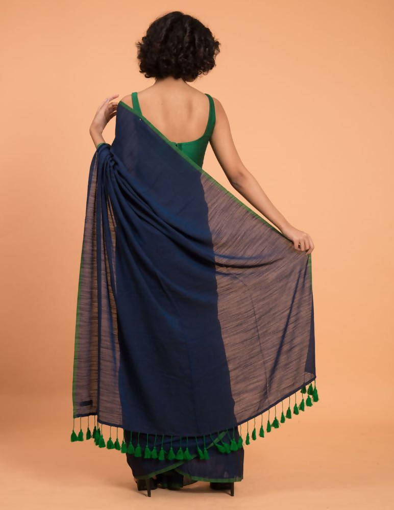Suta Blue Green Solid Cotton Blend Saree