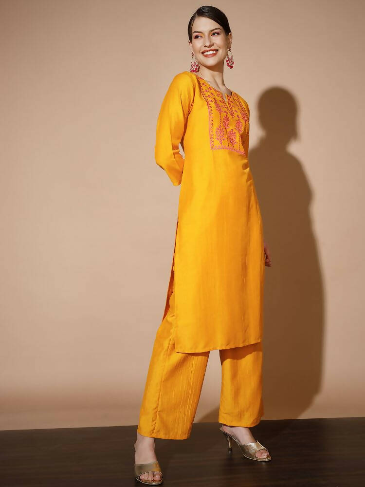 Myshka Women Mustard Solid Kurta & Palazzos With Dupatta