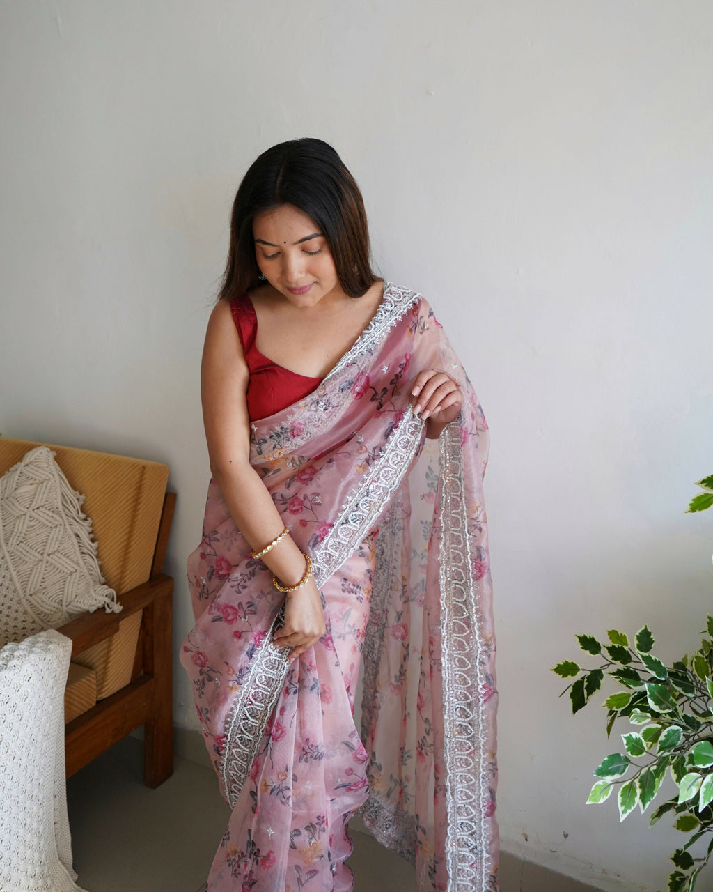 Vamsee Ferry Baby Pink Organza Saree