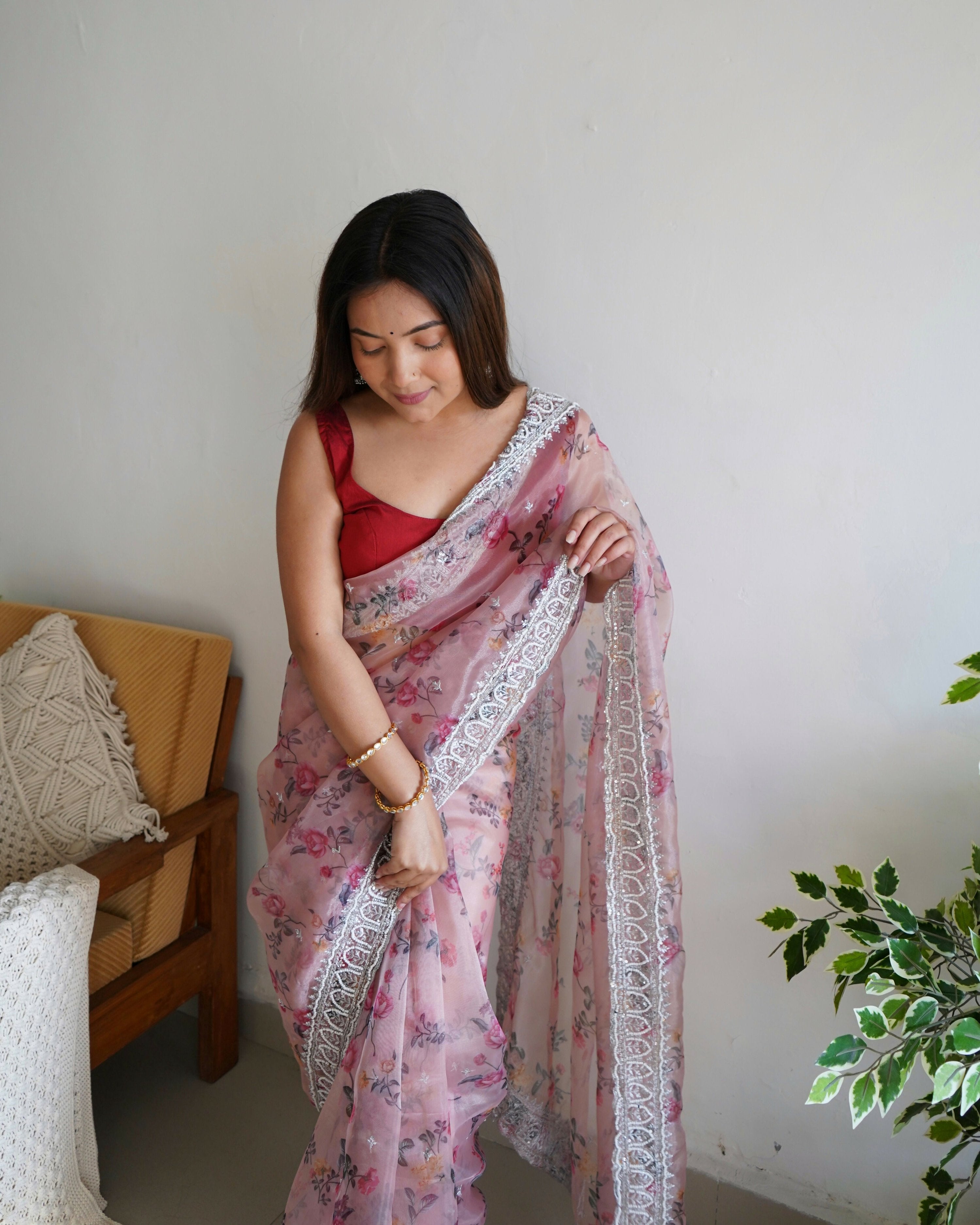 Vamsee Ferry Baby Pink Organza Saree