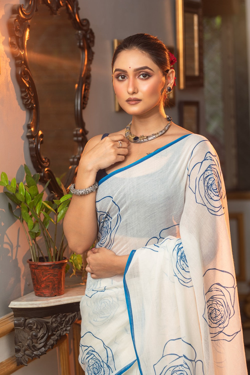 Very Much Indian Mastaani - Pure Mul Cotton Handloom Saree with Beautiful Rose Prints - Blue
