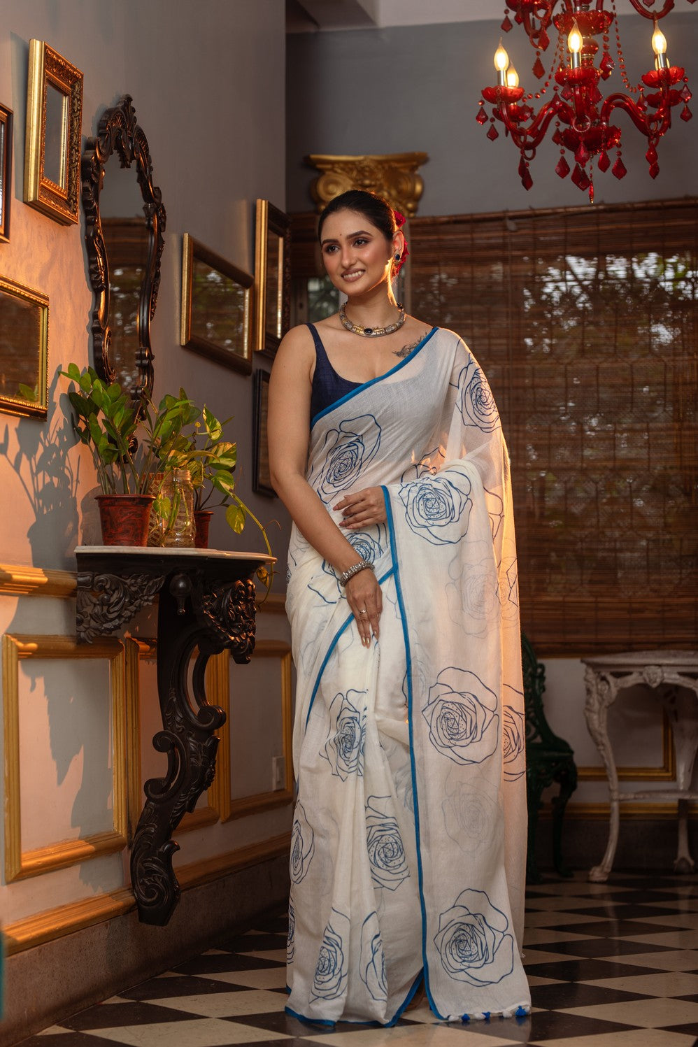 Very Much Indian Mastaani - Pure Mul Cotton Handloom Saree with Beautiful Rose Prints - Blue