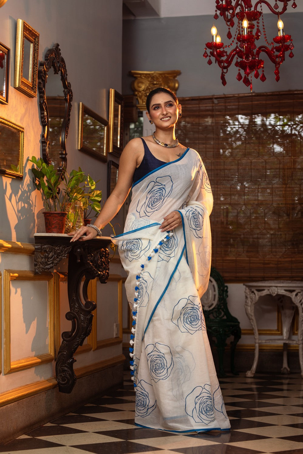 Very Much Indian Mastaani - Pure Mul Cotton Handloom Saree with Beautiful Rose Prints - Blue