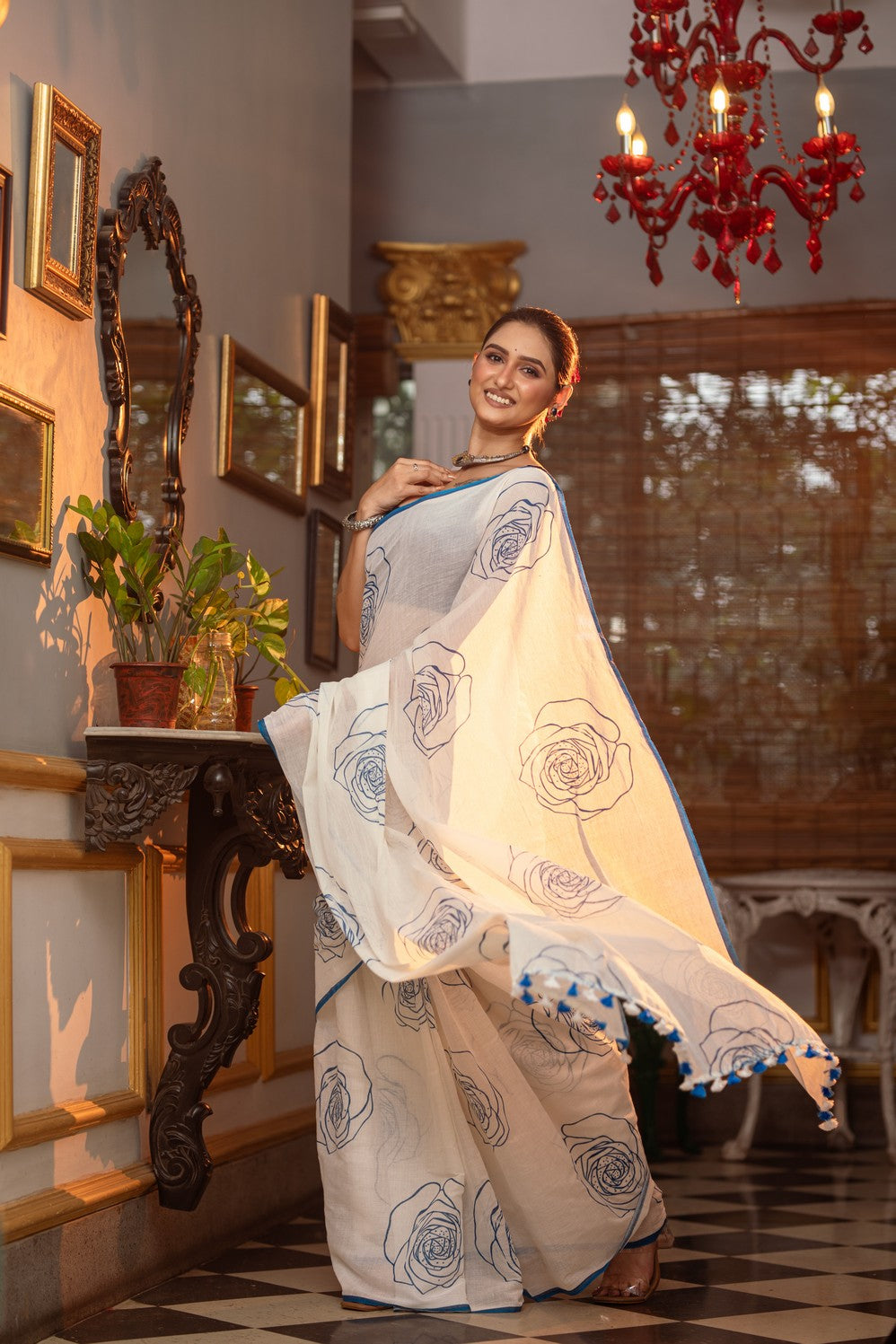 Very Much Indian Mastaani - Pure Mul Cotton Handloom Saree with Beautiful Rose Prints - Blue