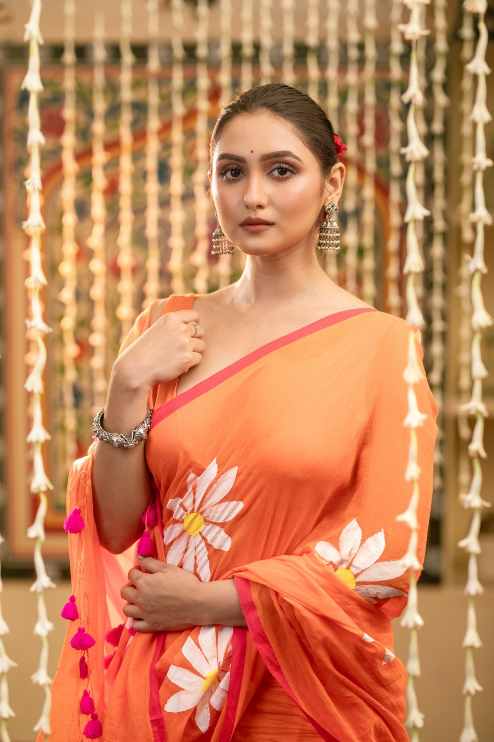 Very Much Indian Mastaani - Pure Mul Cotton Handloom Saree with Beautiful Floral Handpaint - Orange