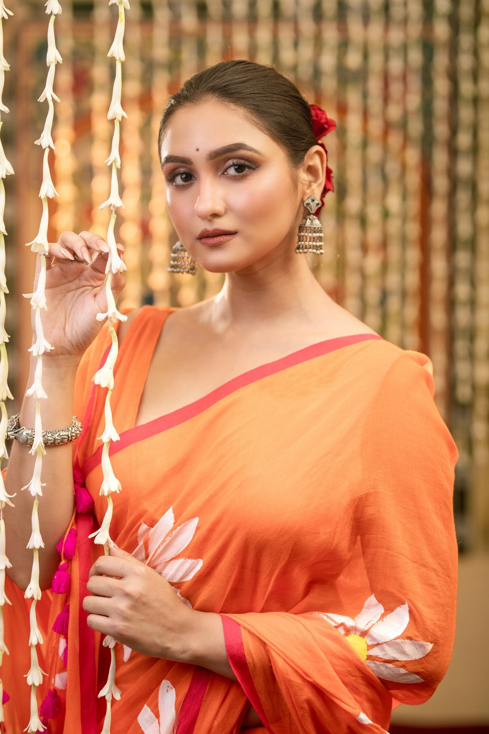 Very Much Indian Mastaani - Pure Mul Cotton Handloom Saree with Beautiful Floral Handpaint - Orange