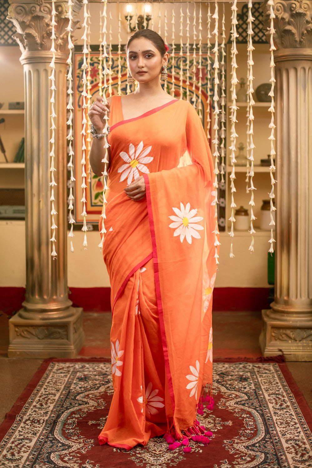 Very Much Indian Mastaani - Pure Mul Cotton Handloom Saree with Beautiful Floral Handpaint - Orange