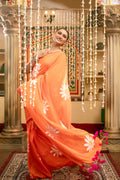 Very Much Indian Mastaani - Pure Mul Cotton Handloom Saree with Beautiful Floral Handpaint - Orange