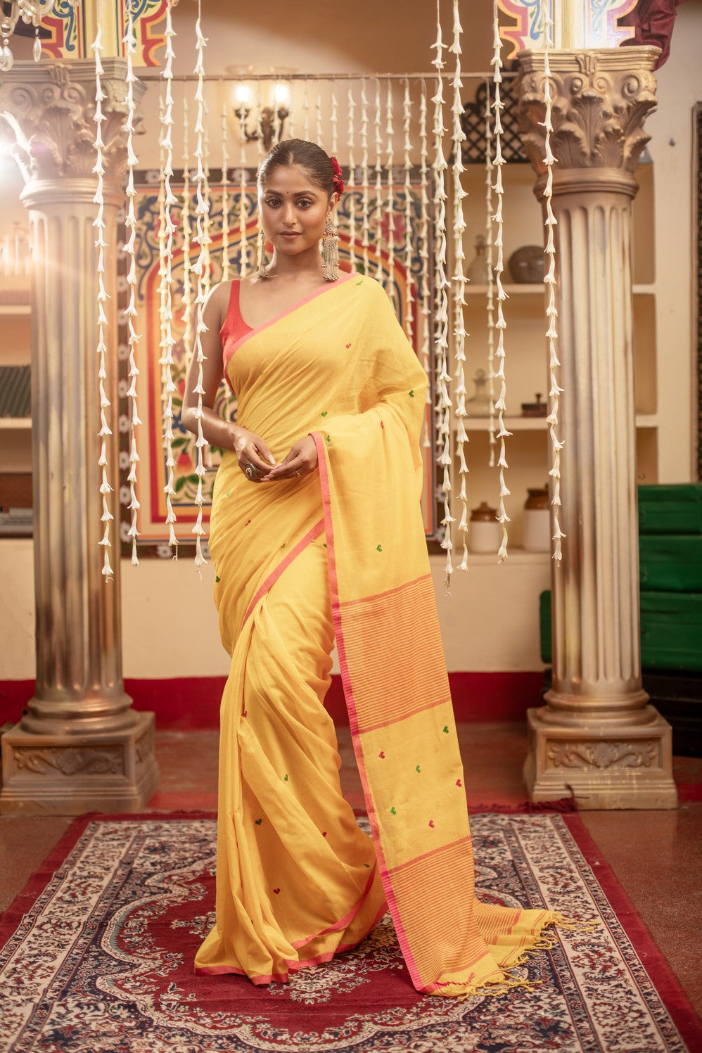 Very Much Indian Mastaani - Pure Mul Jamdhani Cotton Handloom Saree with Beautiful Heart Weaves - Yellow