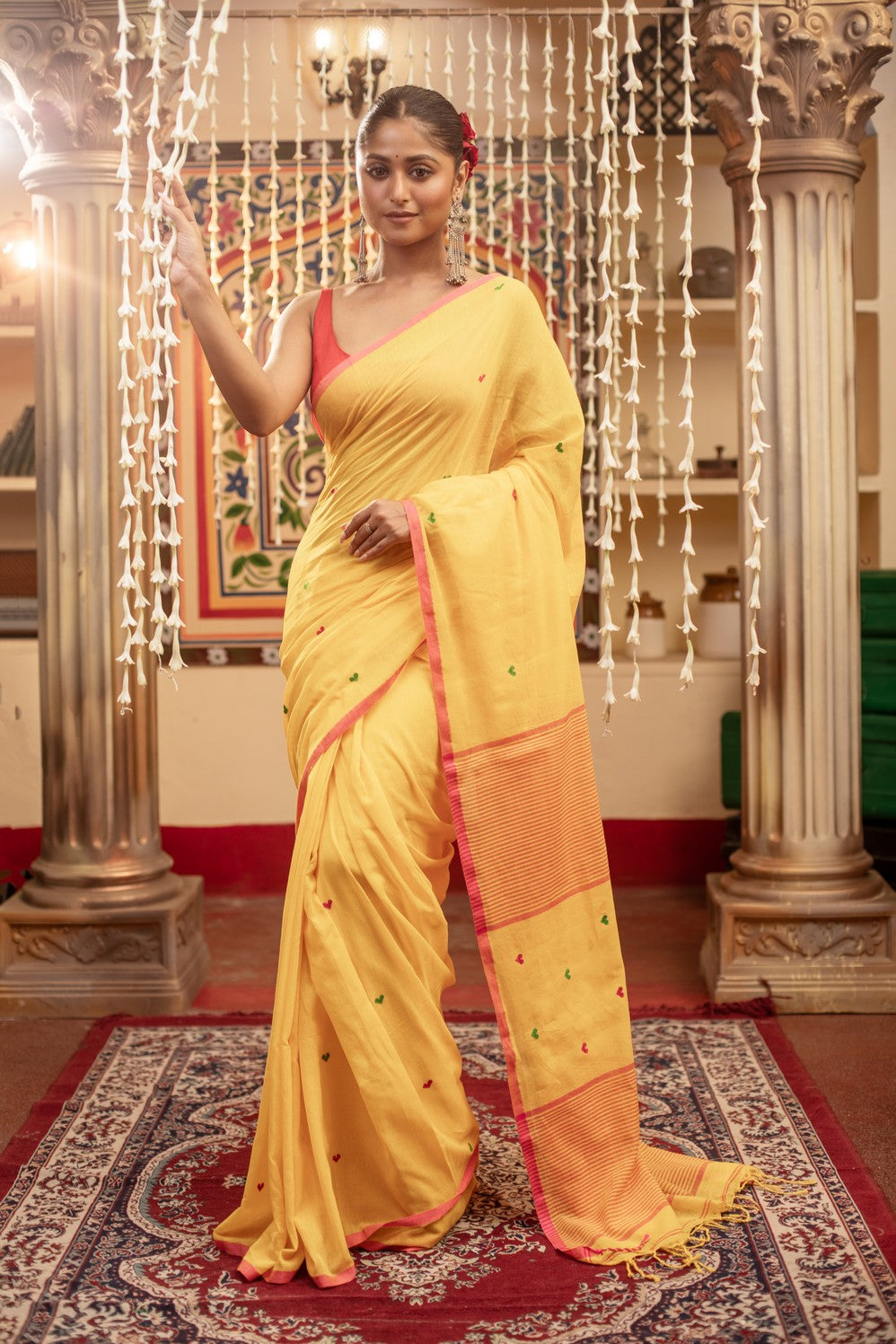 Very Much Indian Mastaani - Pure Mul Jamdhani Cotton Handloom Saree with Beautiful Heart Weaves - Yellow