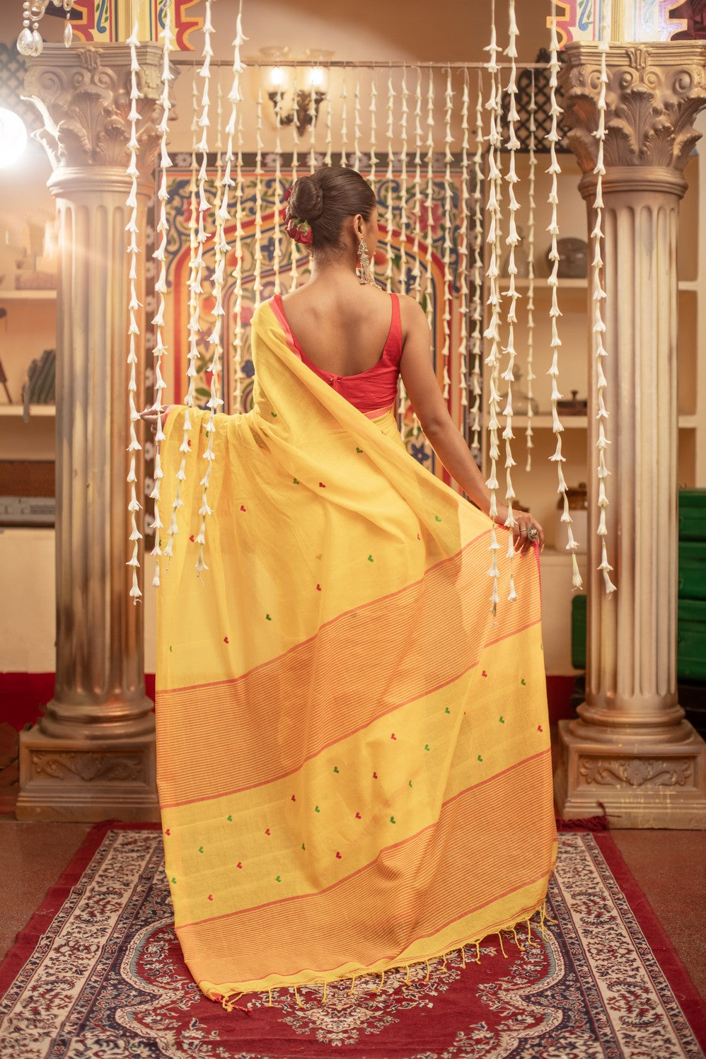 Very Much Indian Mastaani - Pure Mul Jamdhani Cotton Handloom Saree with Beautiful Heart Weaves - Yellow