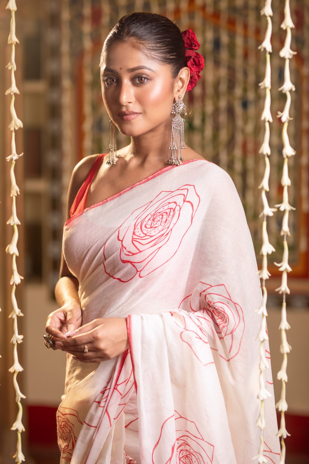 Very Much Indian Mastaani - Pure Mul Cotton Handloom Saree with Beautiful Rose Prints - Red