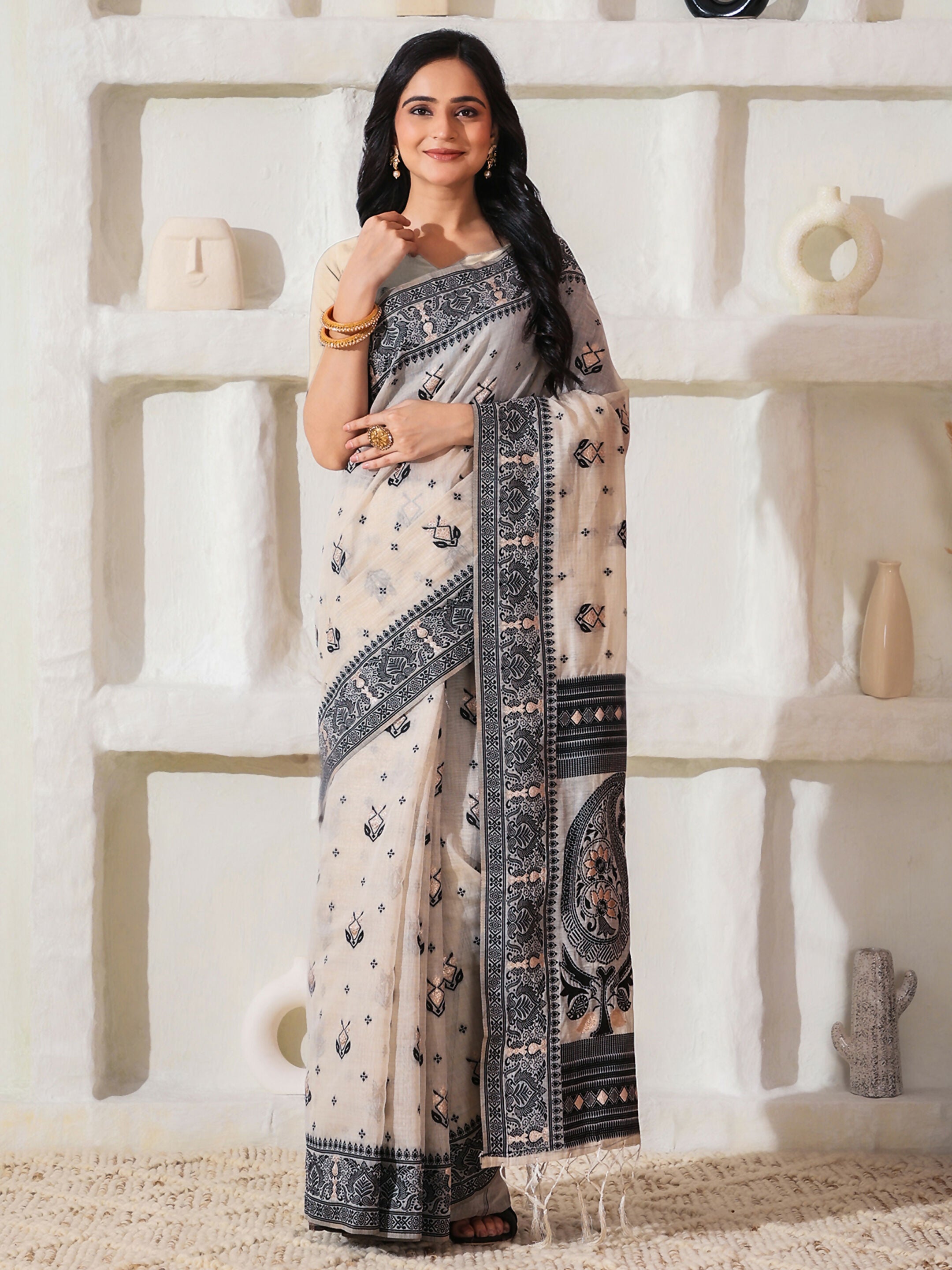 Shree Shyam Fashion Linen Cotton Black & Cream Saree