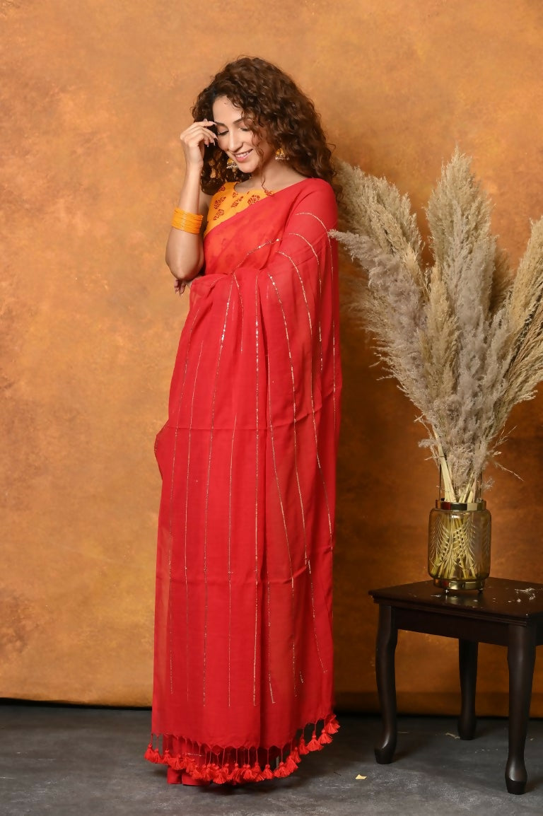 Very Much Indian Pure Mul Cotton Handloom Saree - Red