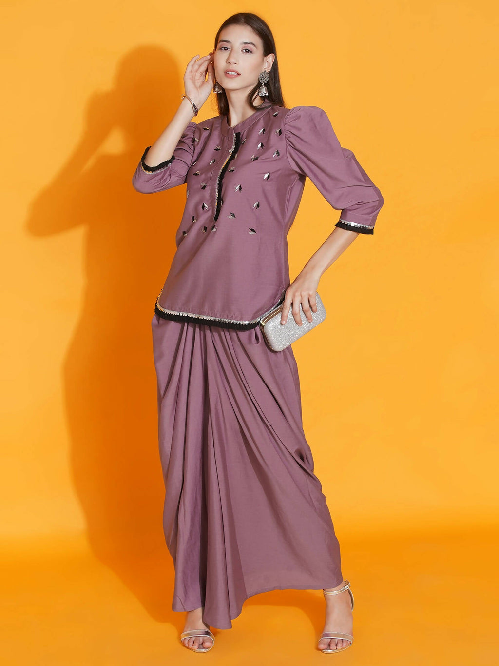 Women Republic Mauve Hand Embellished Kurta With Dhoti