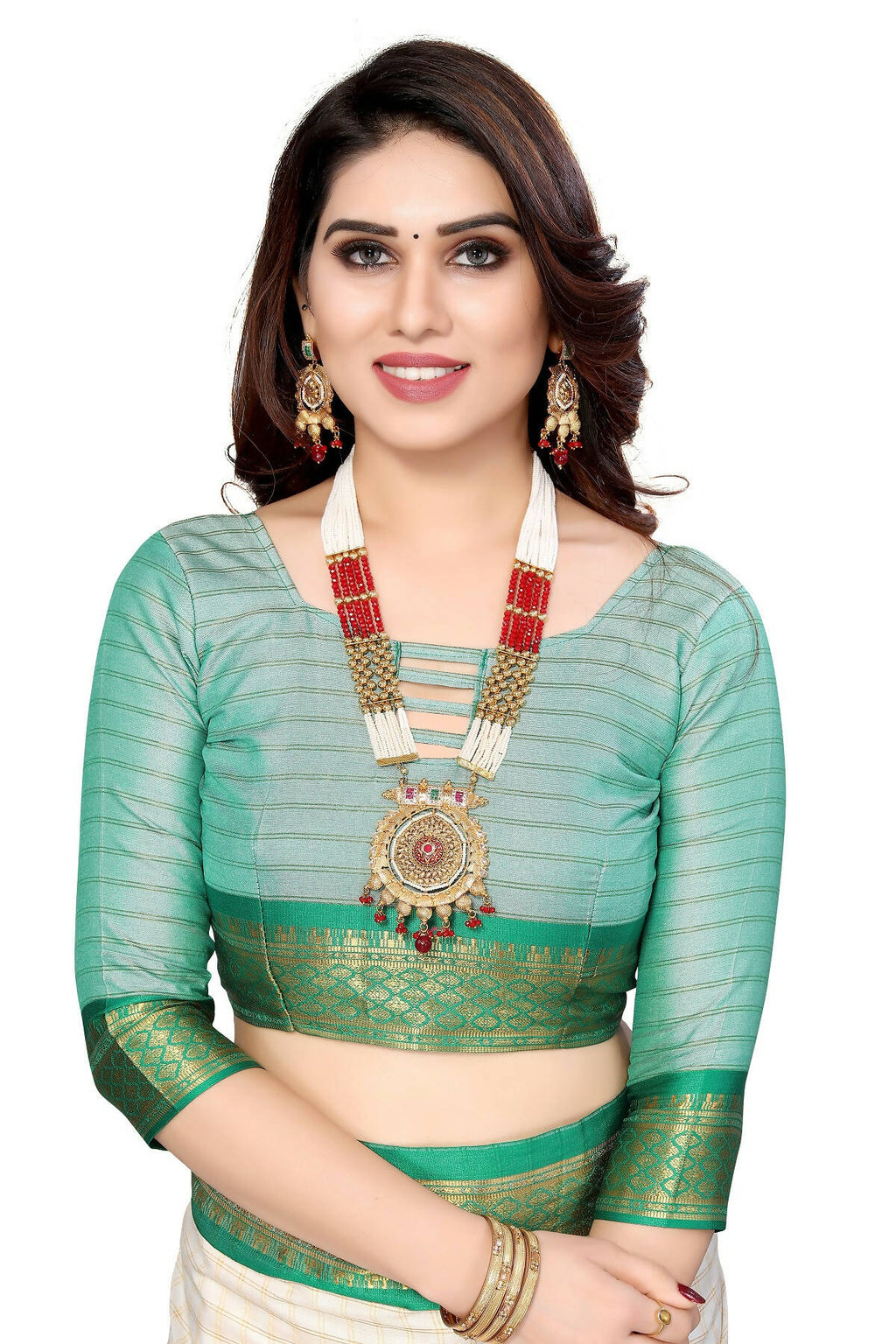 Vamika Weaving White Cotton Silk Saree (DEVAL GREEN)