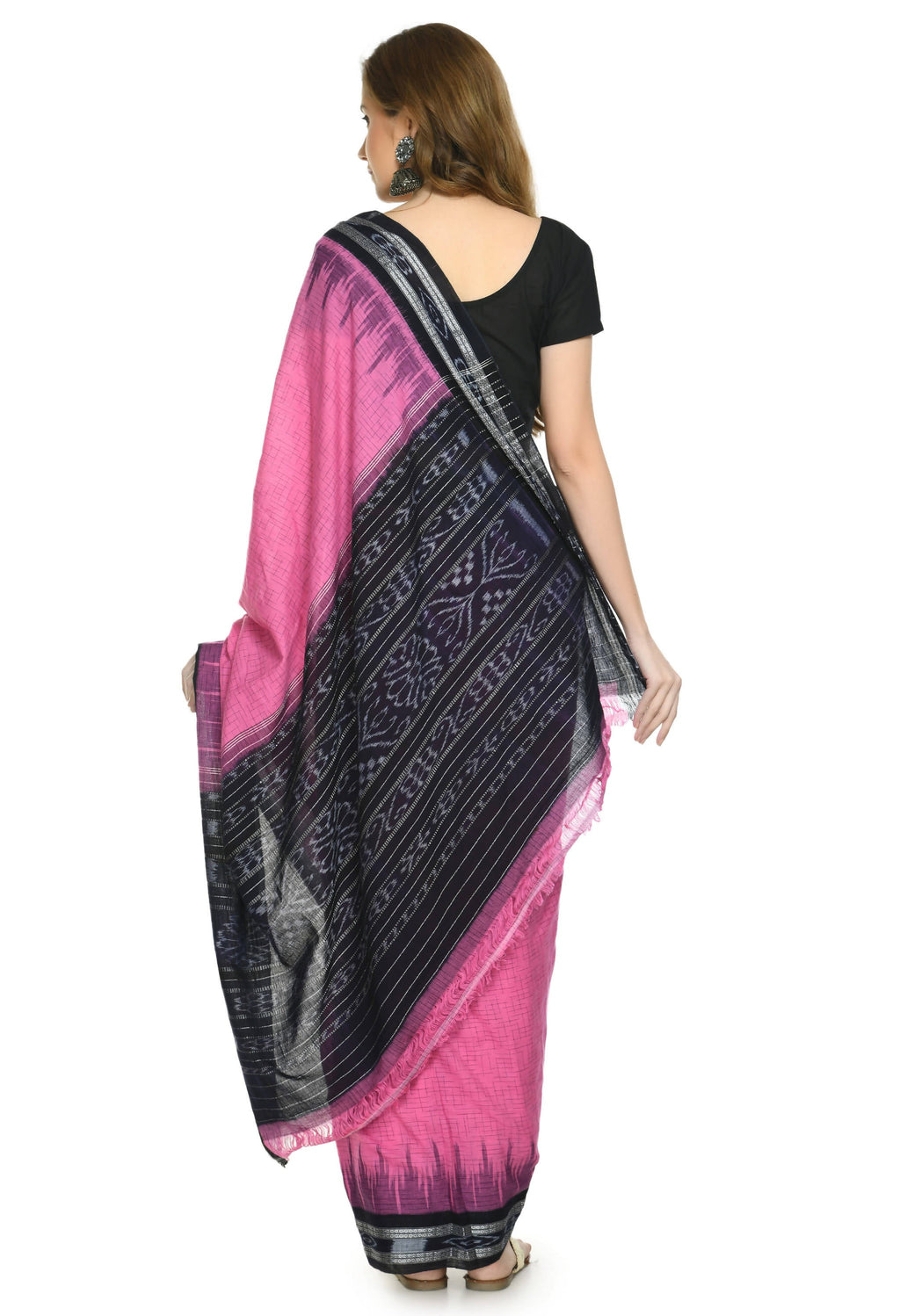 Vamika Sambalpuri Ikat Cotton Jharana Pink & Black Saree