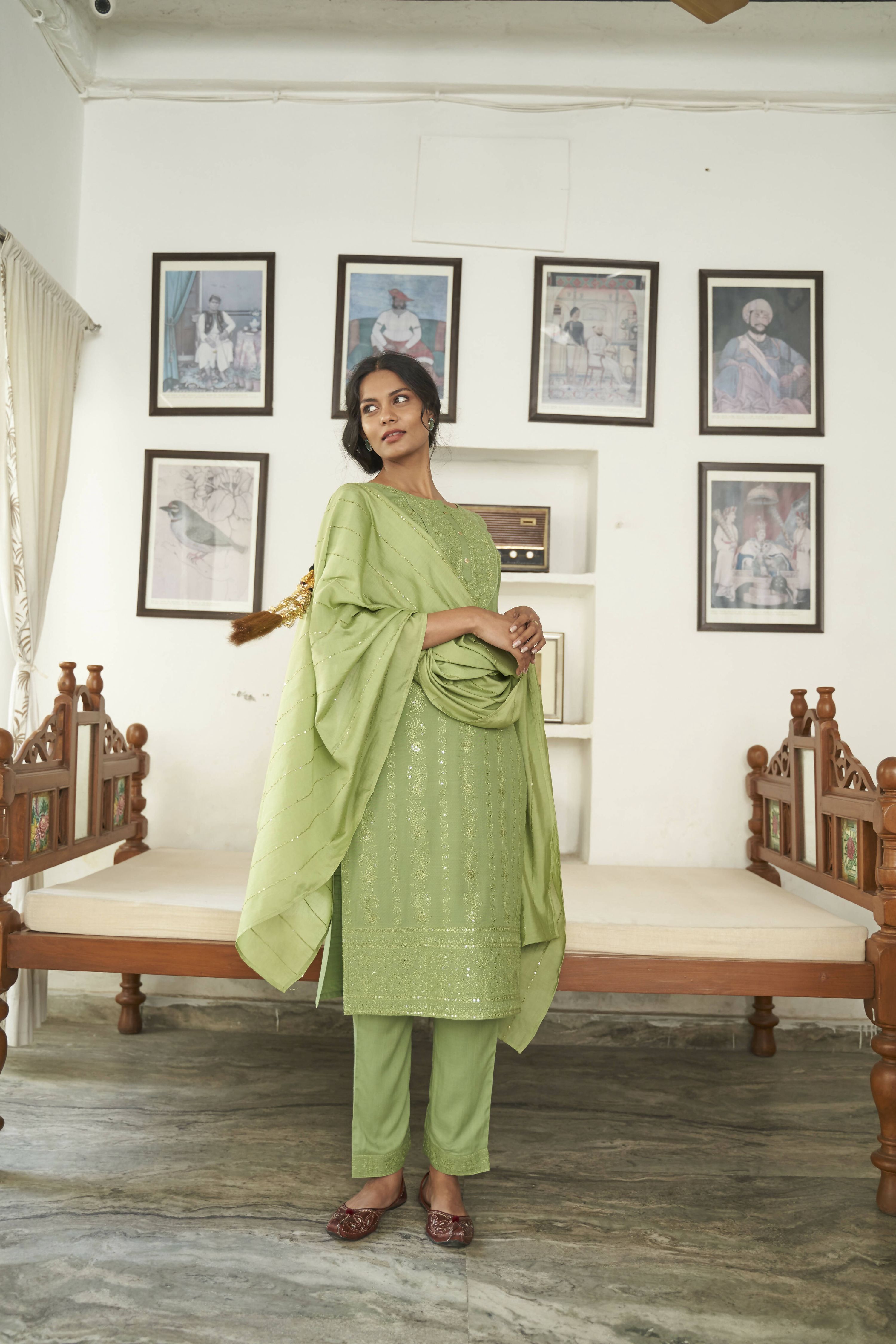 Green Rayon Sequence Embroidery work Straight kurta with Pant & Dupatta - Akashara