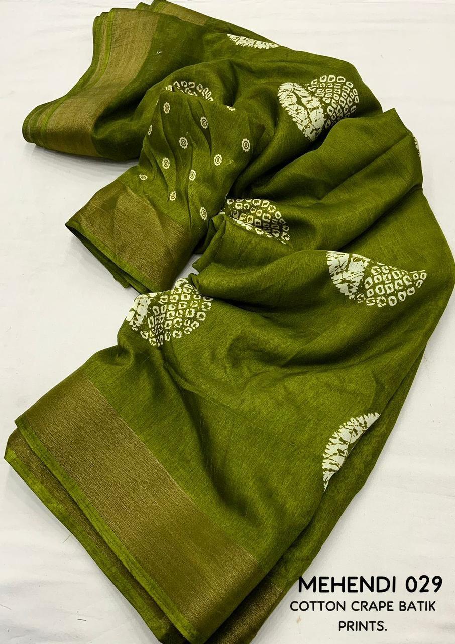 Mehndi Cotton Crepe Batik Print Saree with Unstitched Blouse - Hiral Fashion