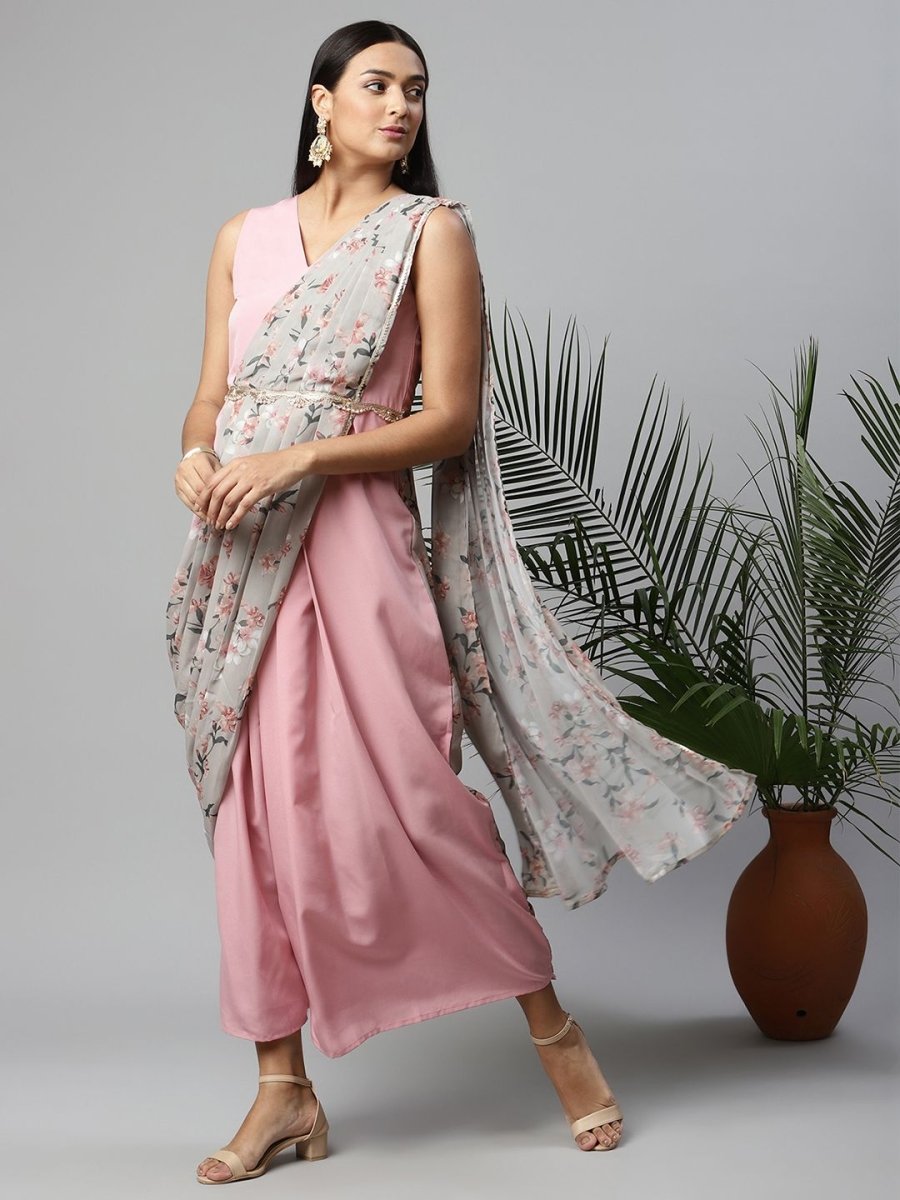Ahalyaa Women Baby Pink Crepe Georgette Saree Dress With Printed Pallu
