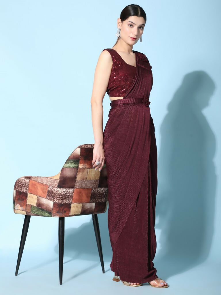 Maroon Imported Crush Lycra Texture Pattern Ready to Wear Saree with stitched Blouse - Nirvana