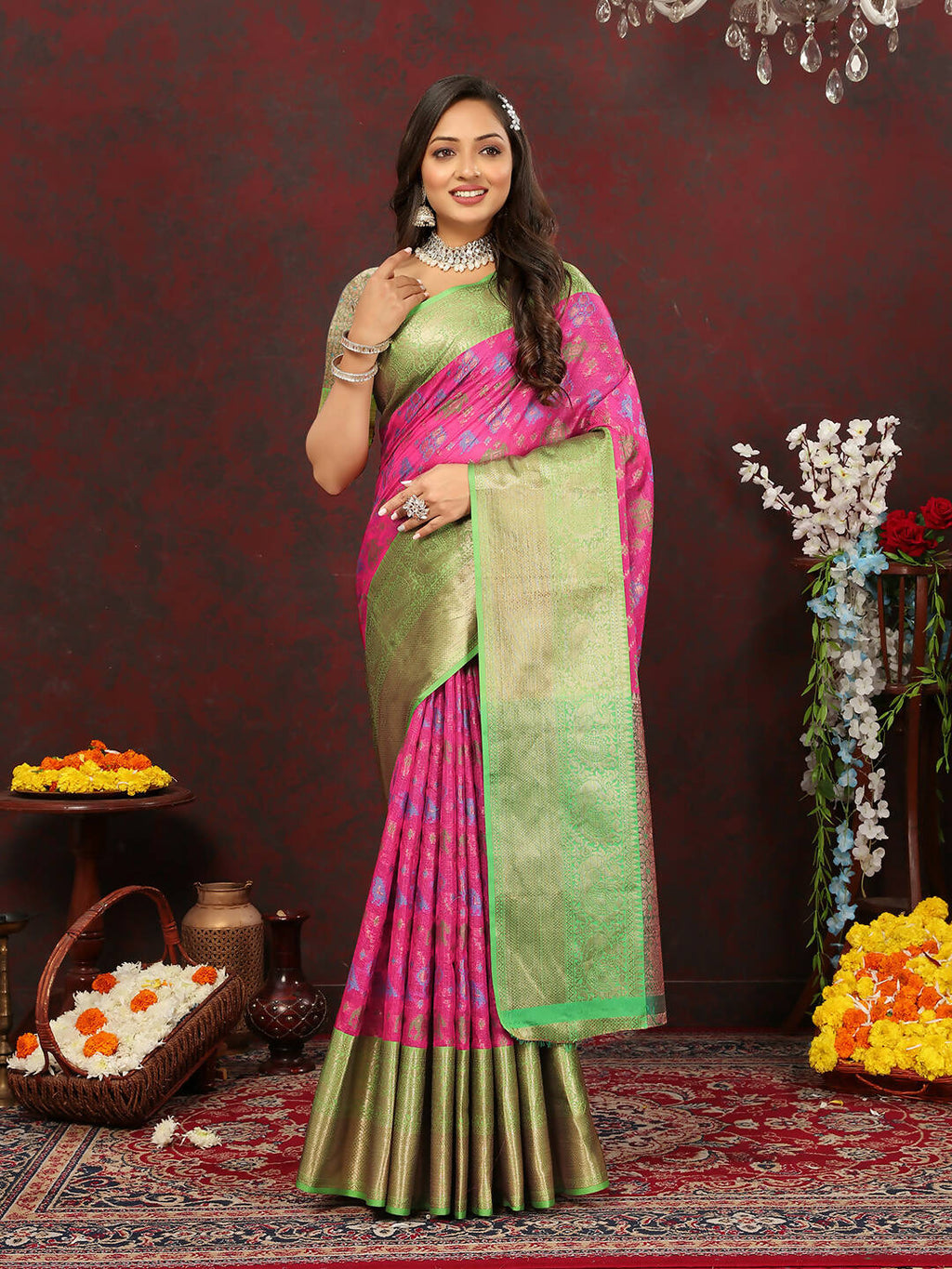 Lorenvalley Fashion Pink Cotton Woven Design Zari Meenakari Weaving Saree
