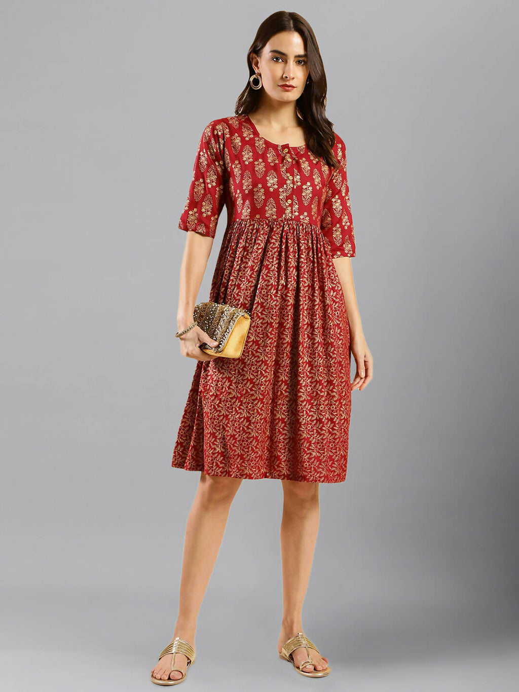 Red Cotton Ethnic Motifs Aline Dress - Poonam