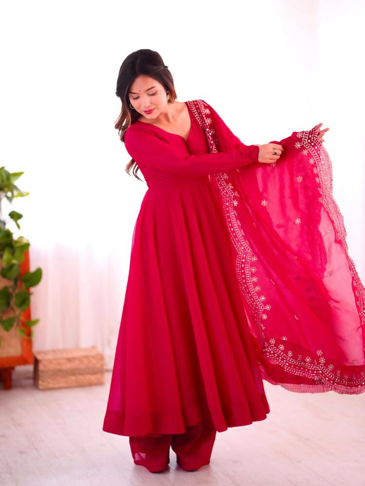 Joban Fashion Red Chinnon Silk Sequence Embroidery Work Readymade Kurta Set