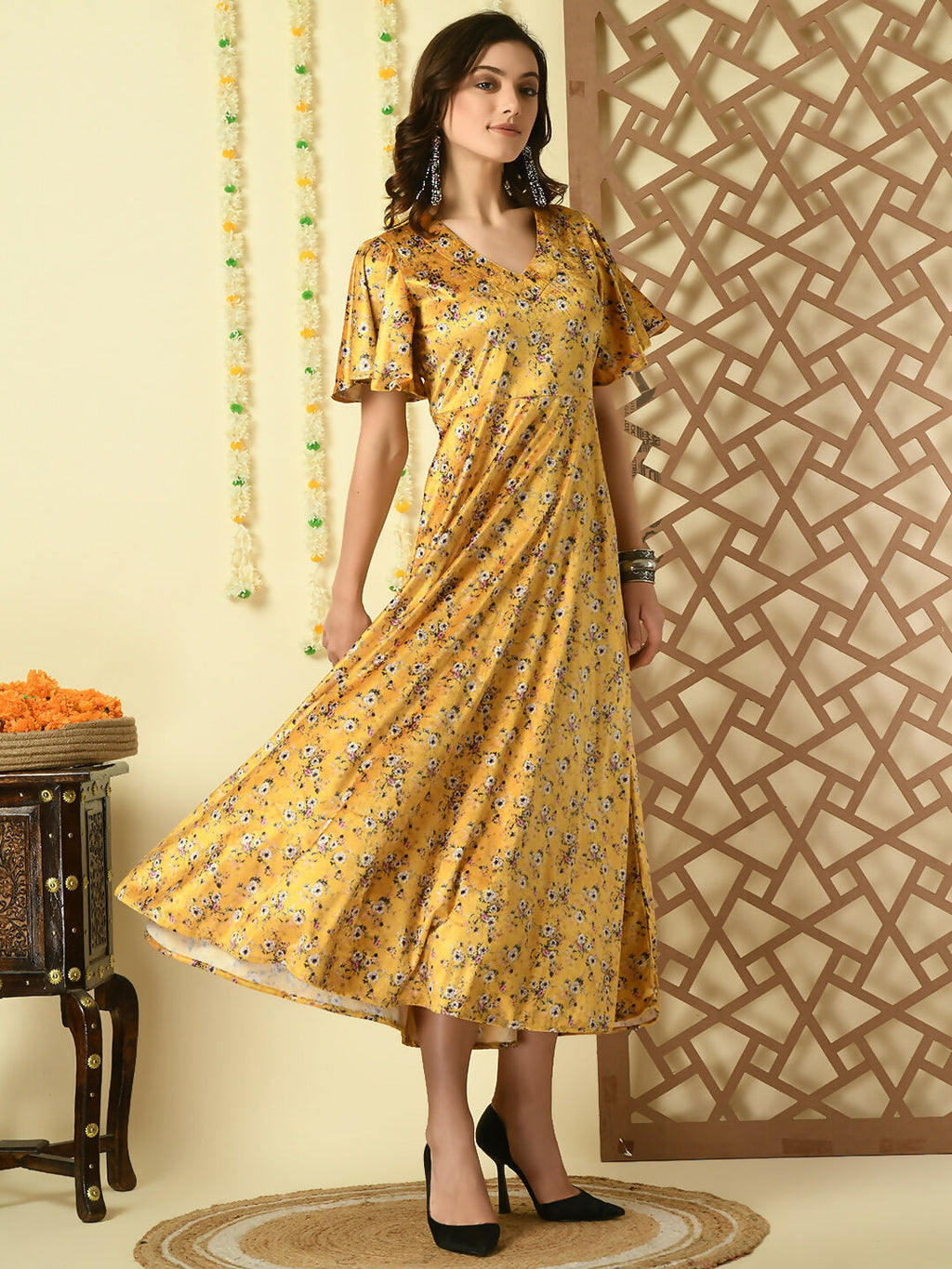Myshka Women's Multi Printed Velvet Party Dress