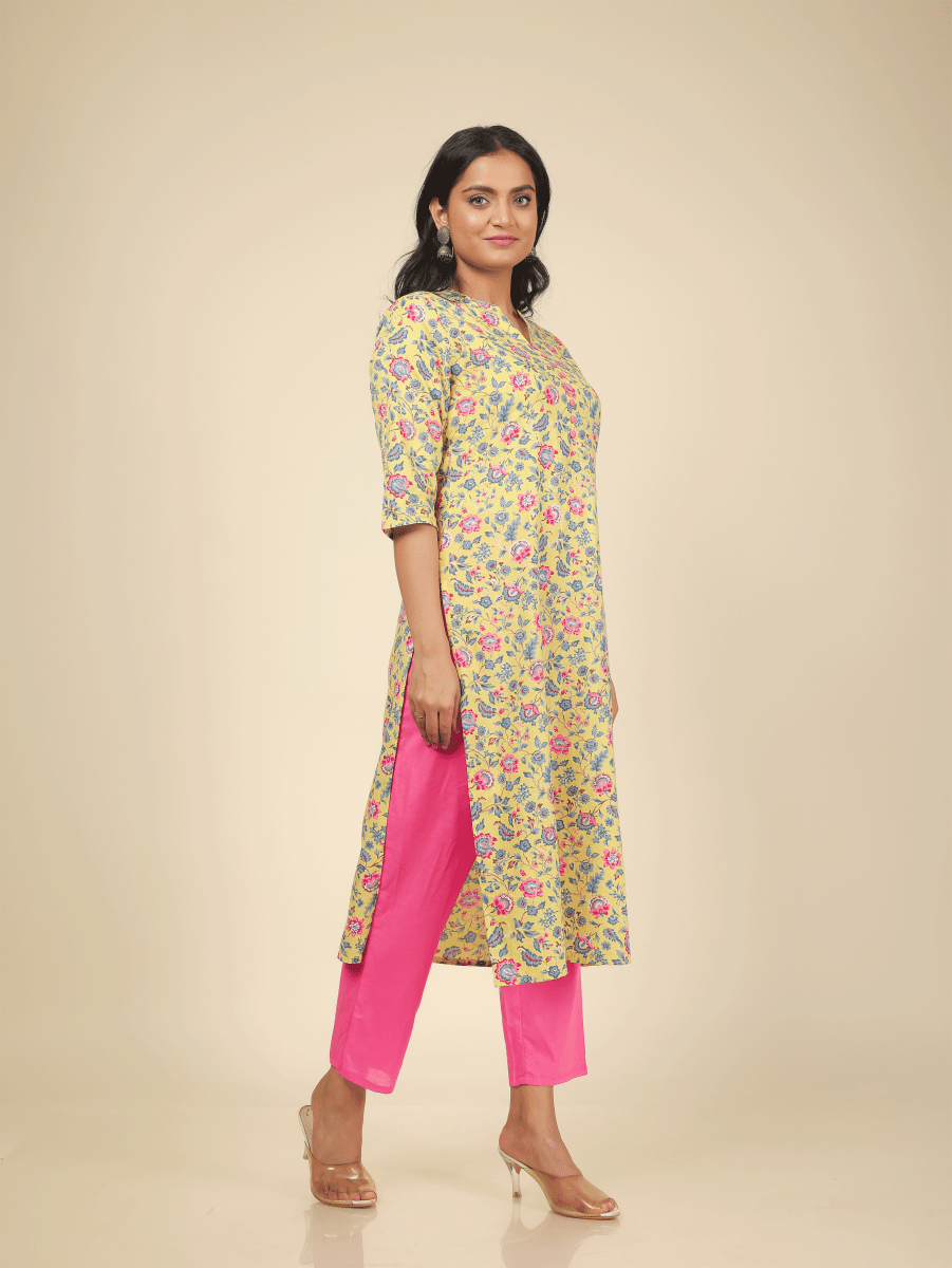Aramya Straight Soft Cotton Floral Print Women's Kurta - Yellow