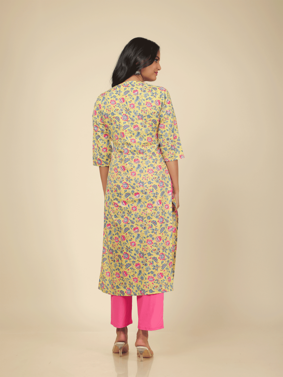 Aramya Straight Soft Cotton Floral Print Women's Kurta Set - Yellow