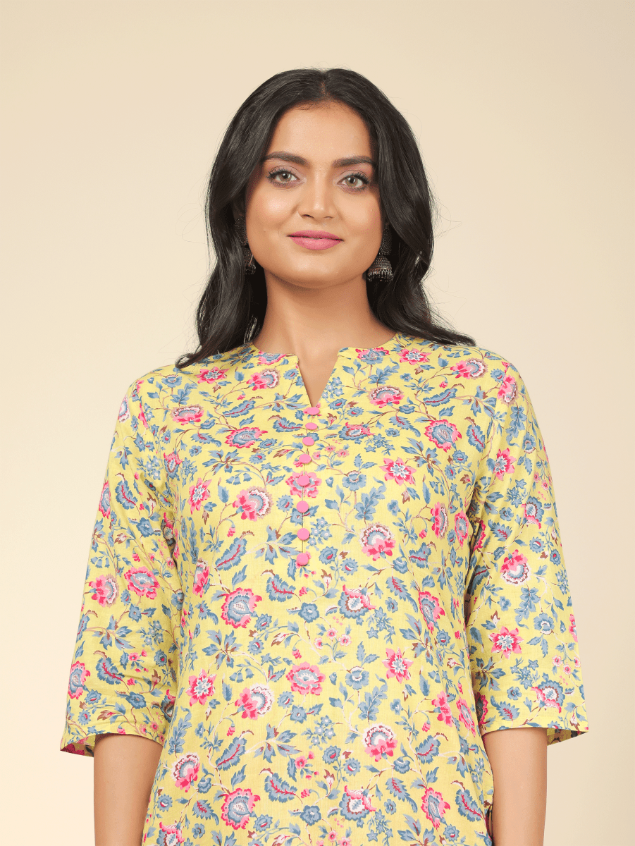 Aramya Straight Soft Cotton Floral Print Women's Kurta - Yellow