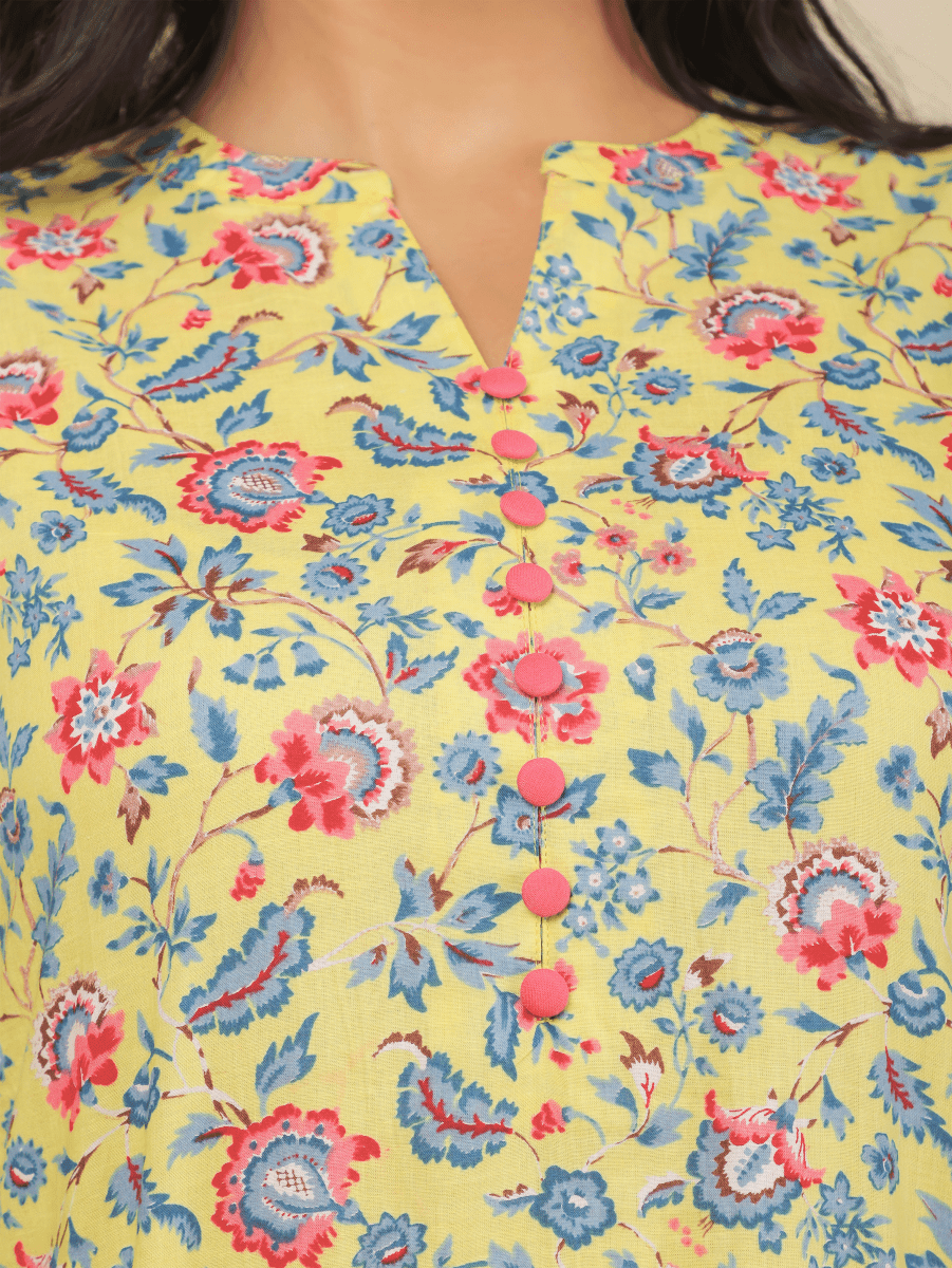 Aramya Straight Soft Cotton Floral Print Women's Kurta Set - Yellow