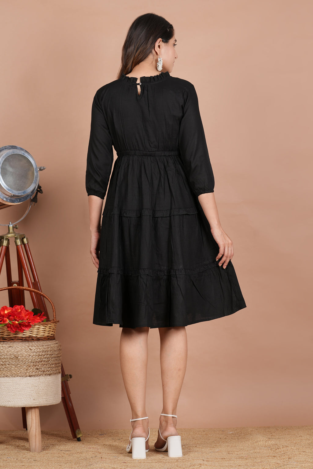 House of RP Women's Black Cotton Solid Tiered Dress