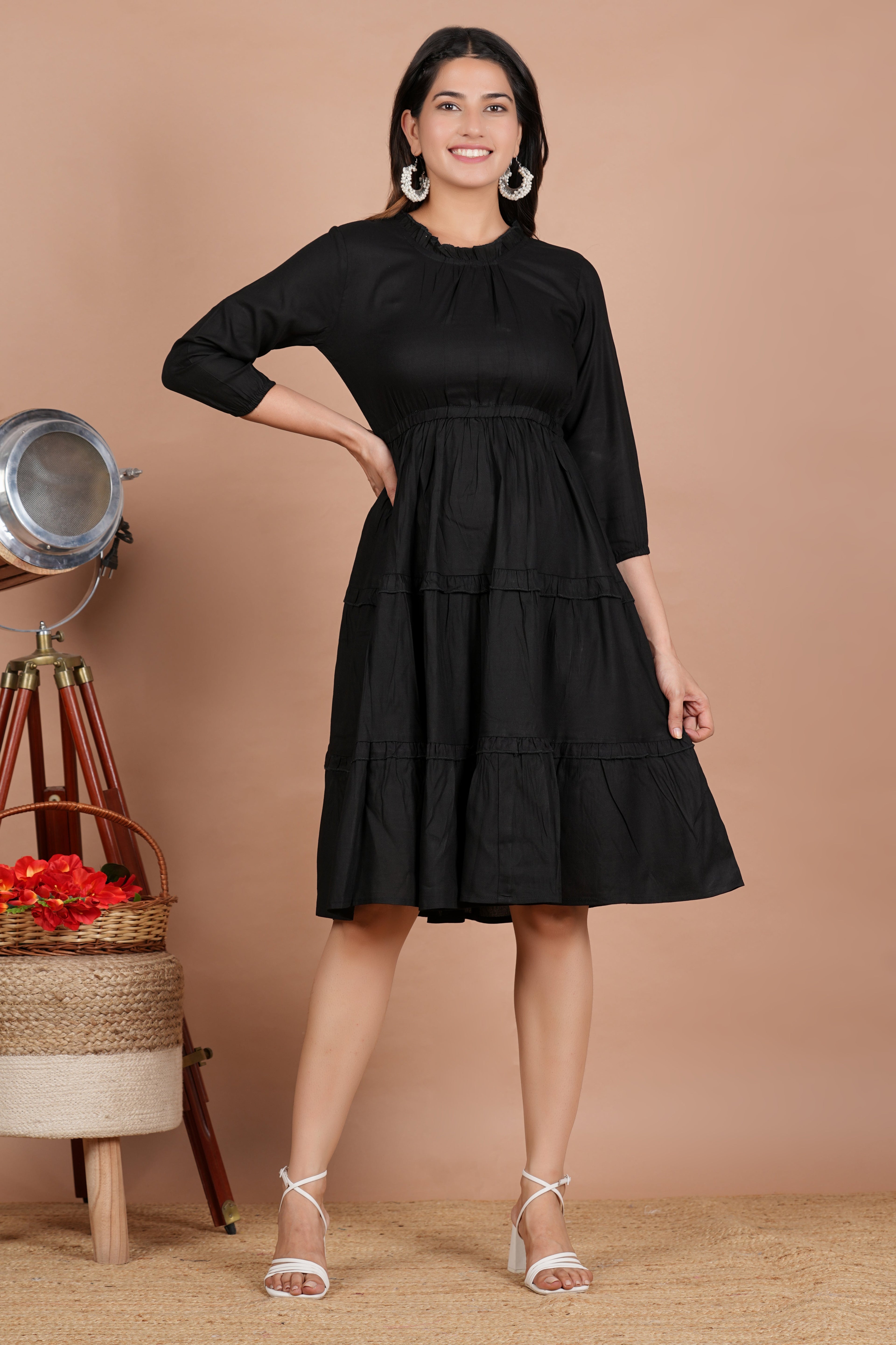 House of RP Women's Black Cotton Solid Tiered Dress