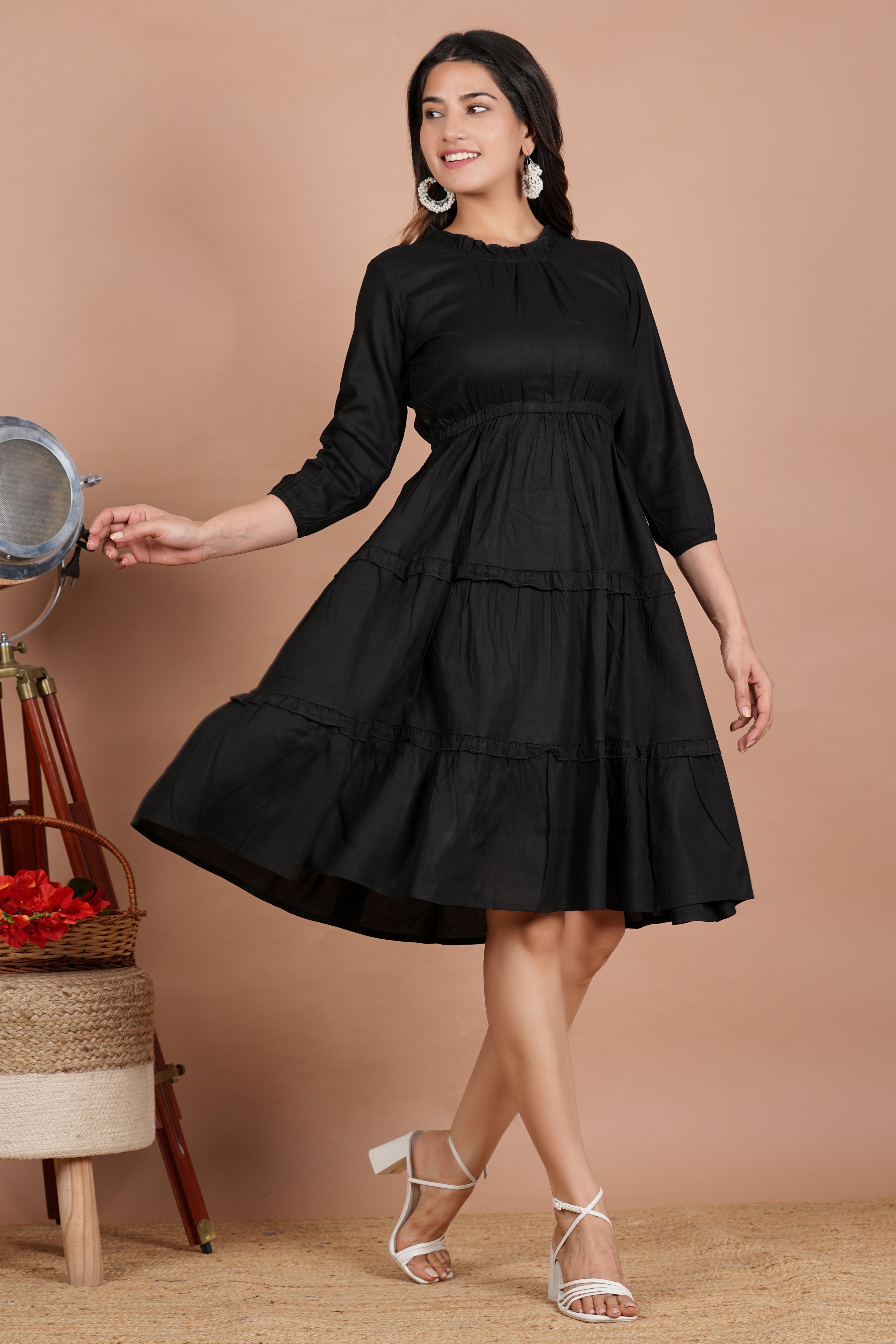 House of RP Women's Black Cotton Solid Tiered Dress