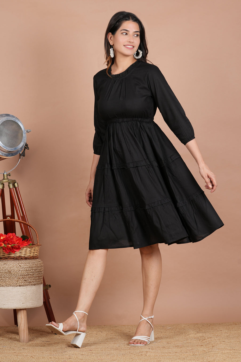House of RP Women's Black Cotton Solid Tiered Dress