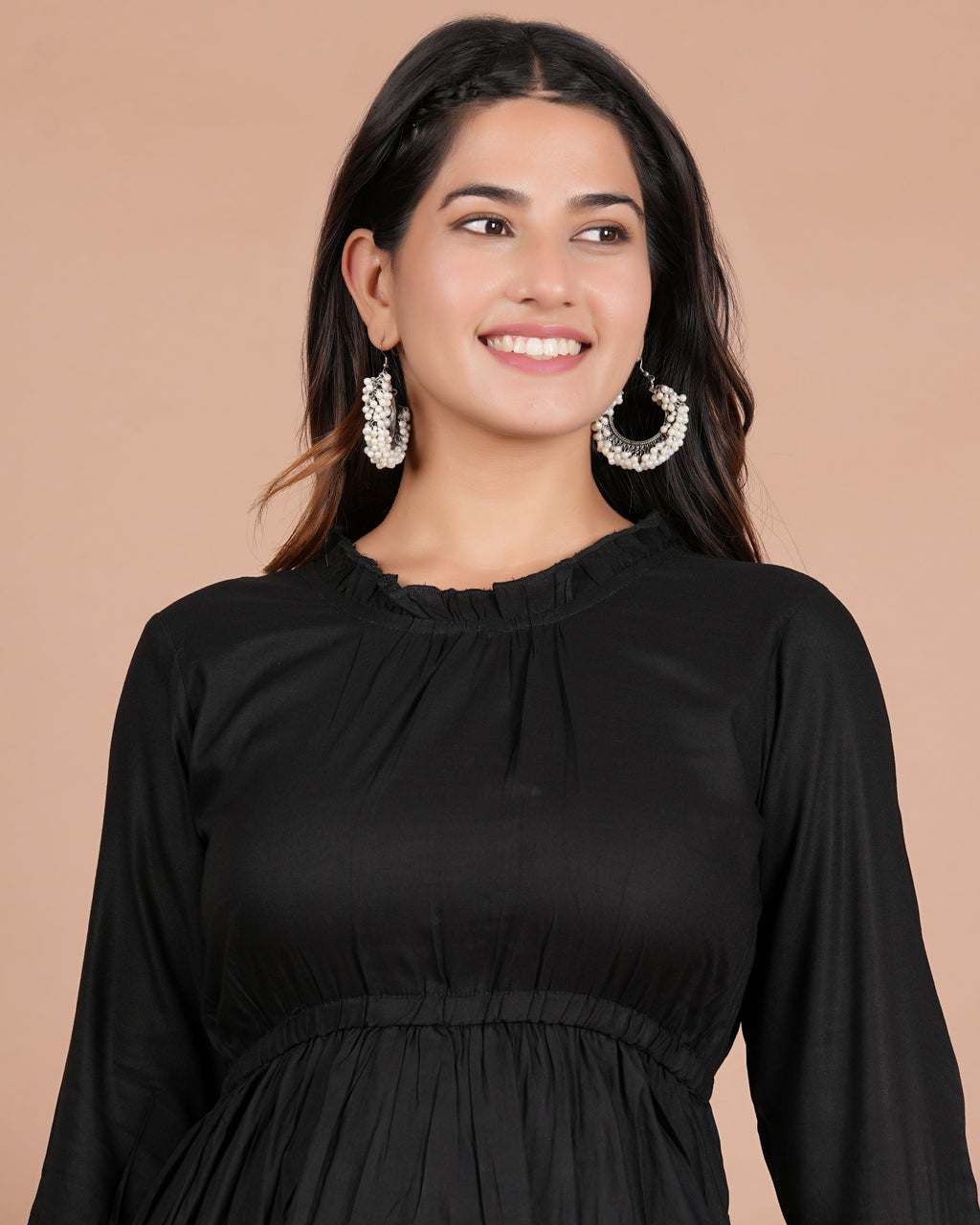 House of RP Women's Black Cotton Solid Tiered Dress