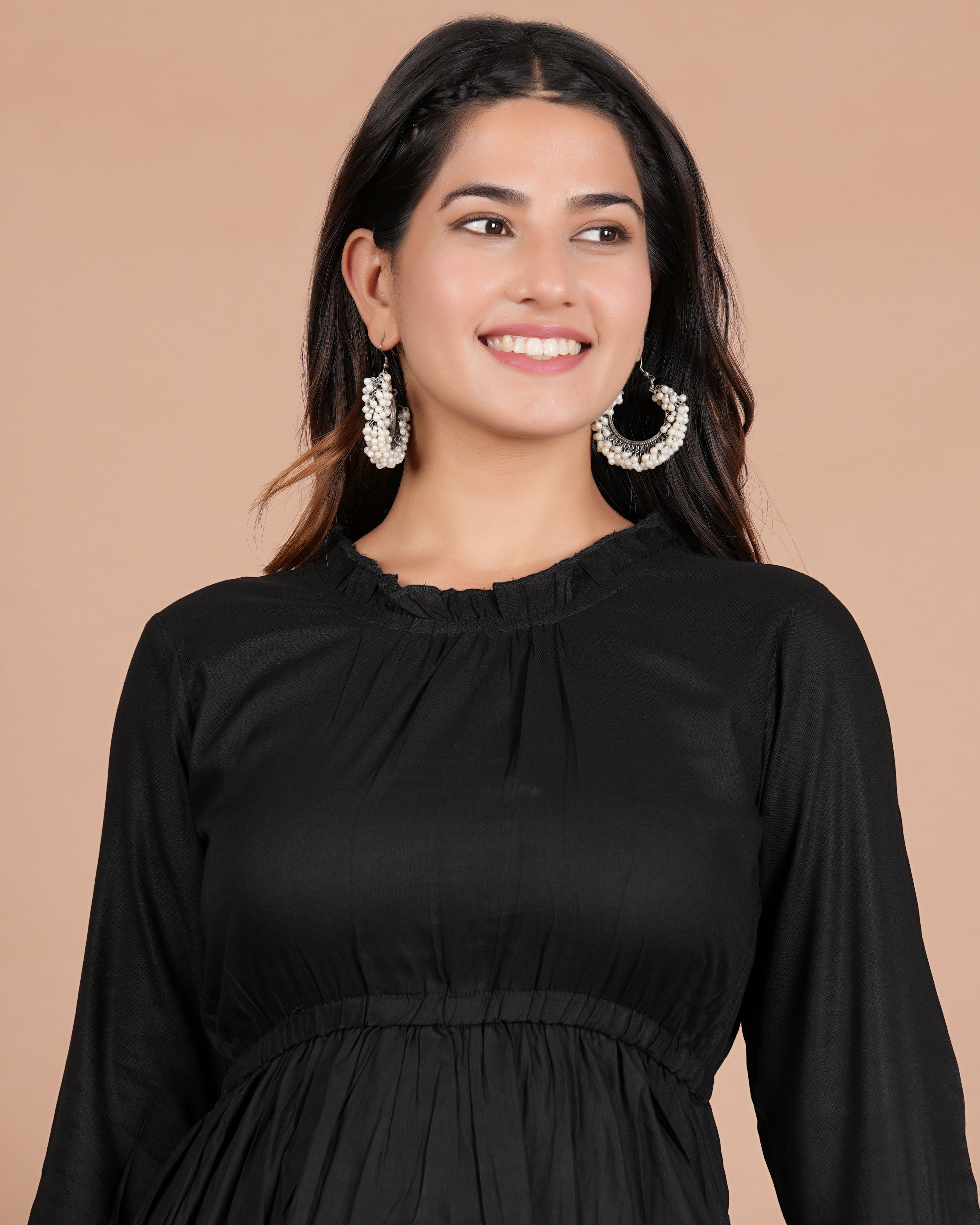 House of RP Women's Black Cotton Solid Tiered Dress