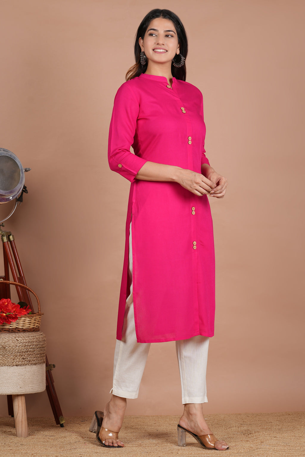 House of RP Women's Pink Rayon Solid Frontslit Kurta