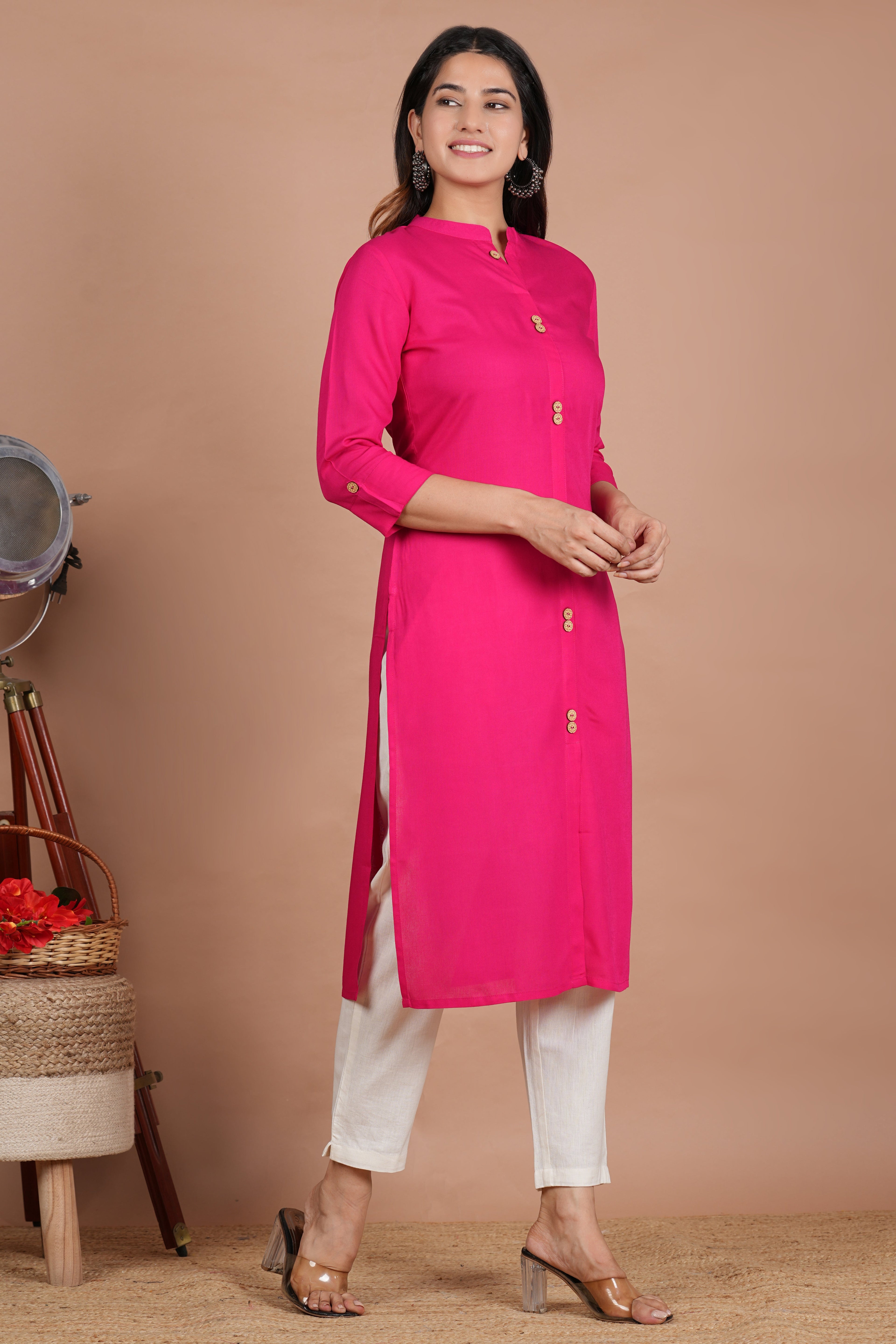 House of RP Women's Pink Rayon Solid Frontslit Kurta
