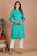 House of RP Women's Trquoise Rayon Solid Frontslit Kurta