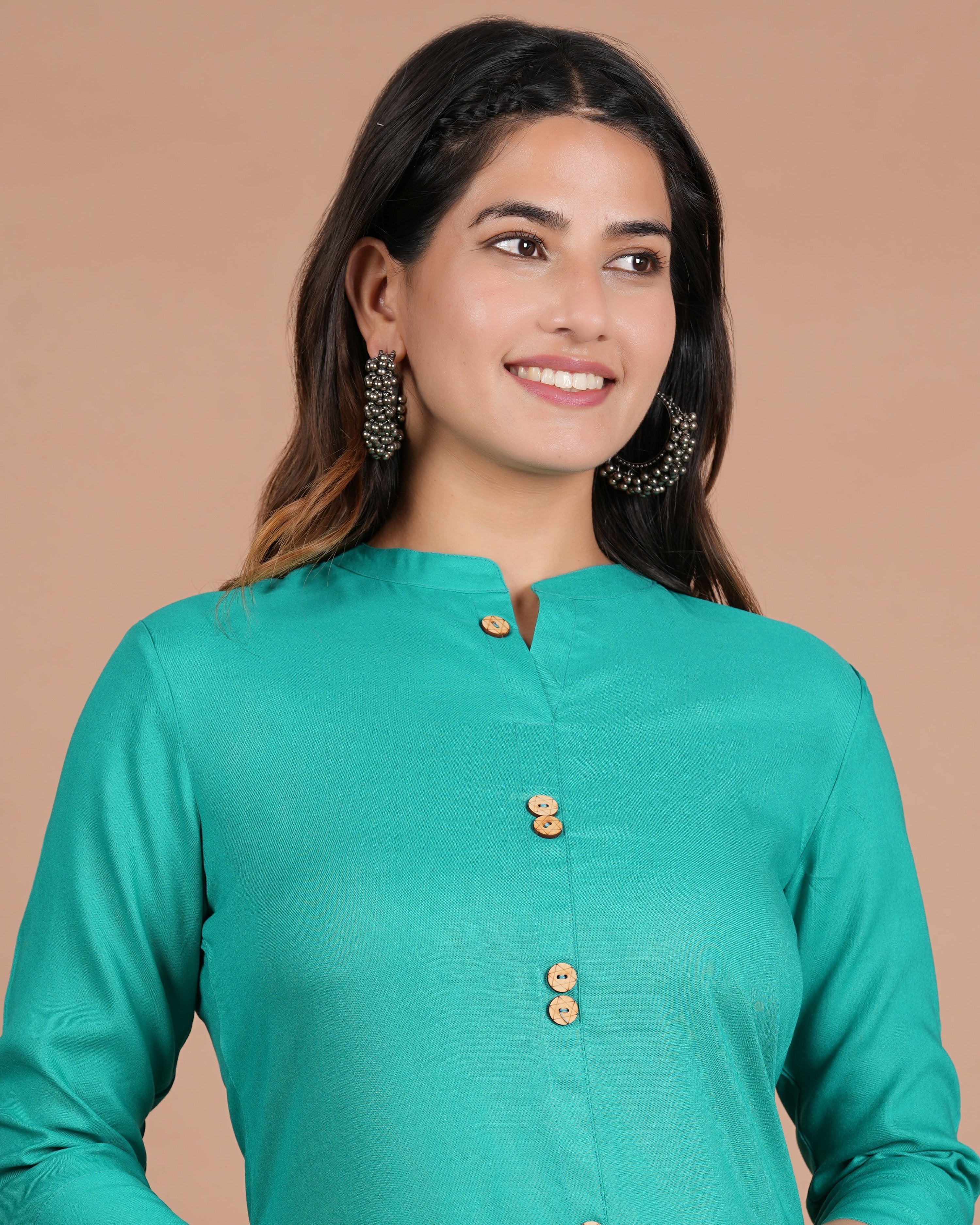 House of RP Women's Trquoise Rayon Solid Frontslit Kurta