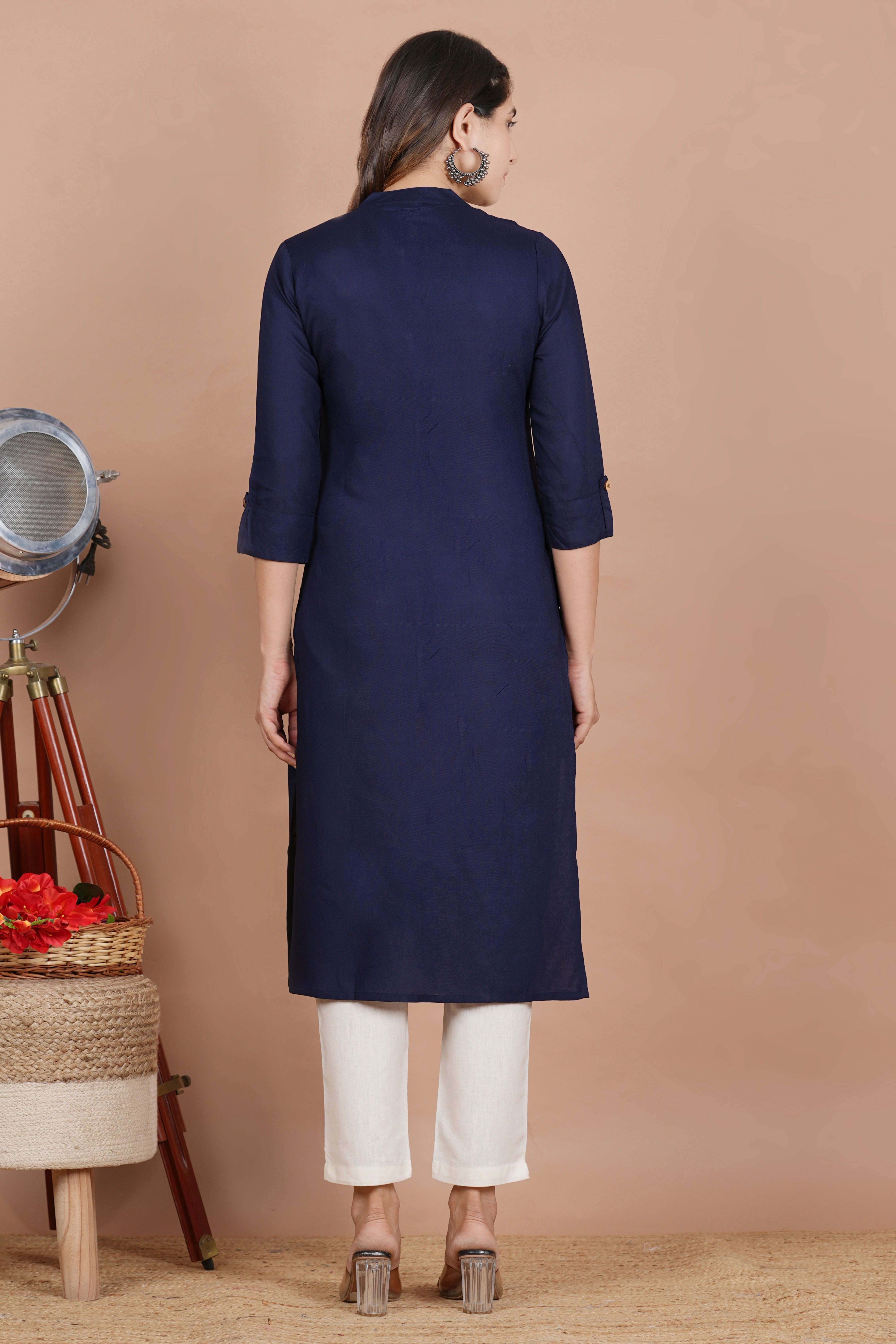 House of RP Women's Blue Rayon Solid Frontslit Kurta