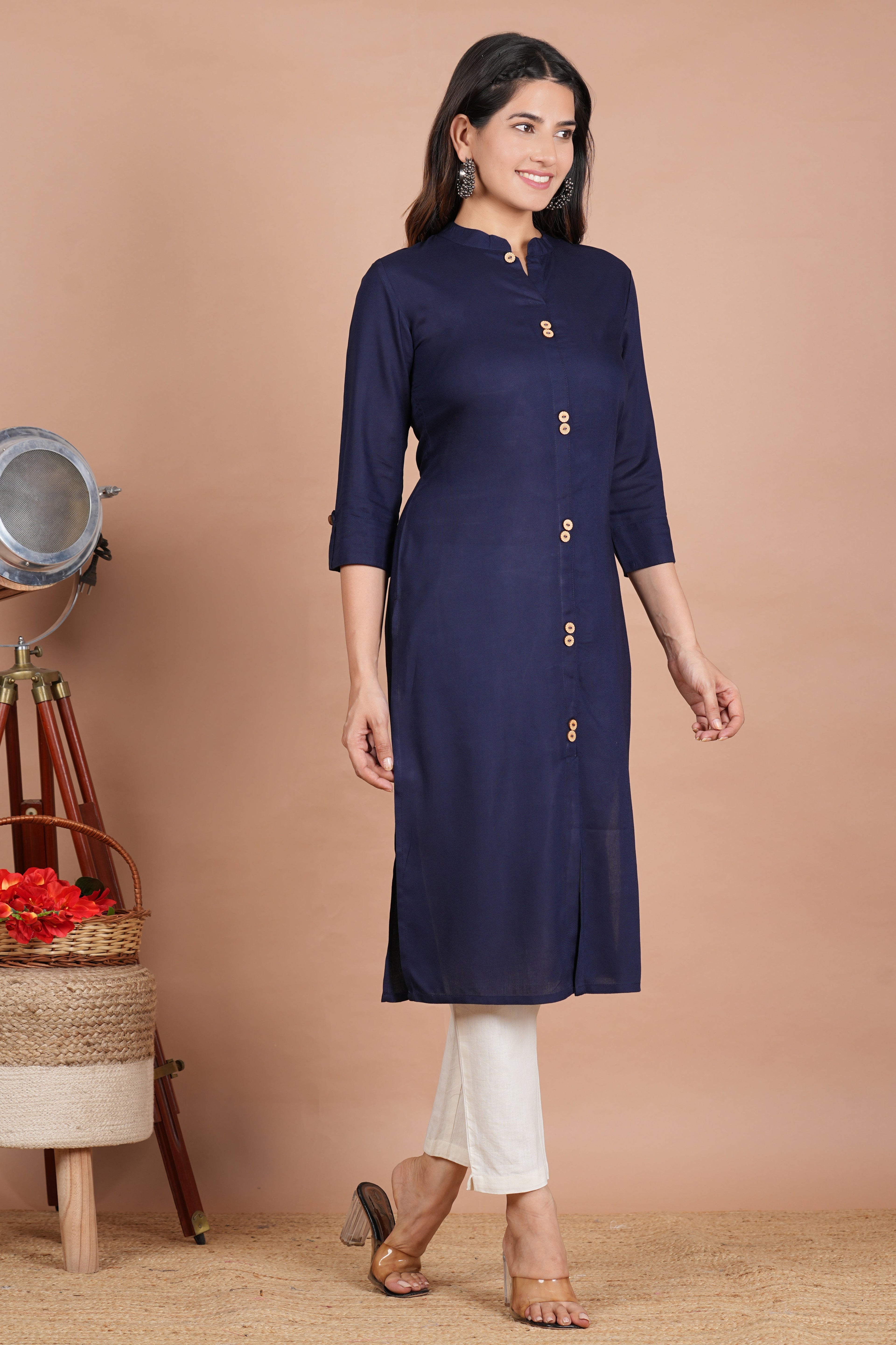 House of RP Women's Blue Rayon Solid Frontslit Kurta