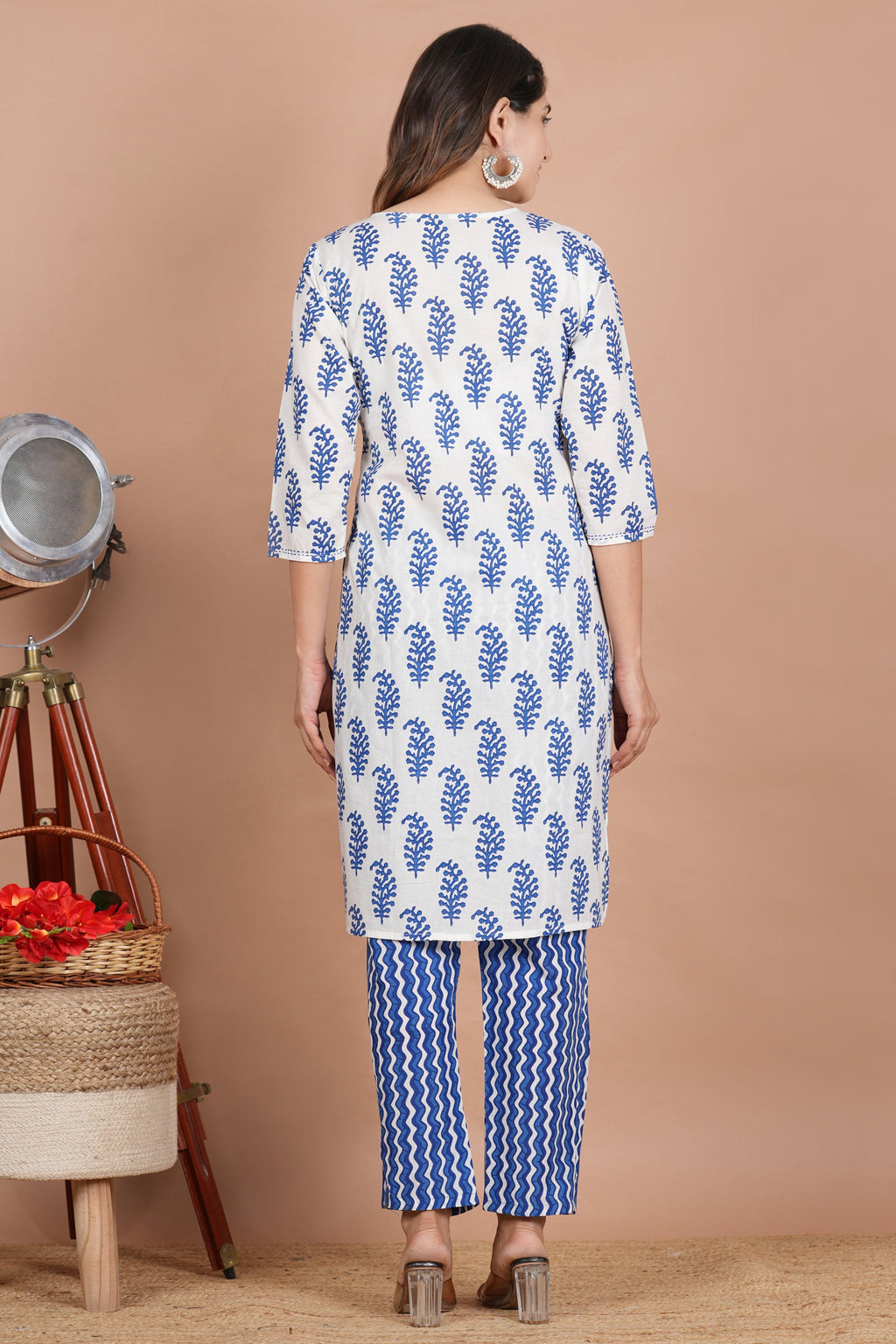 House of RP Women's White & Aqua Blue Cotton Kurta, Pant & Dupatta Set