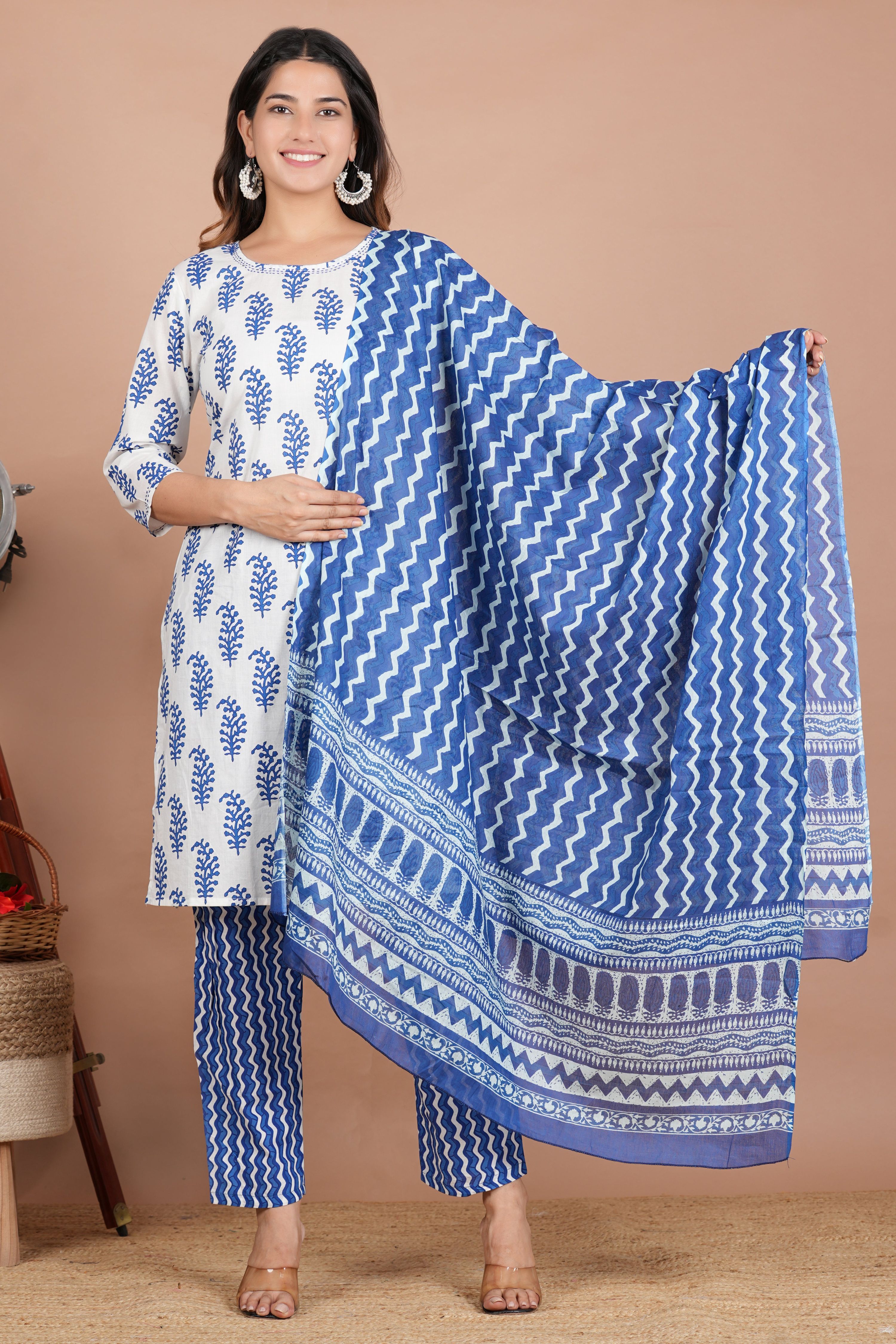 House of RP Women's White & Aqua Blue Cotton Kurta, Pant & Dupatta Set