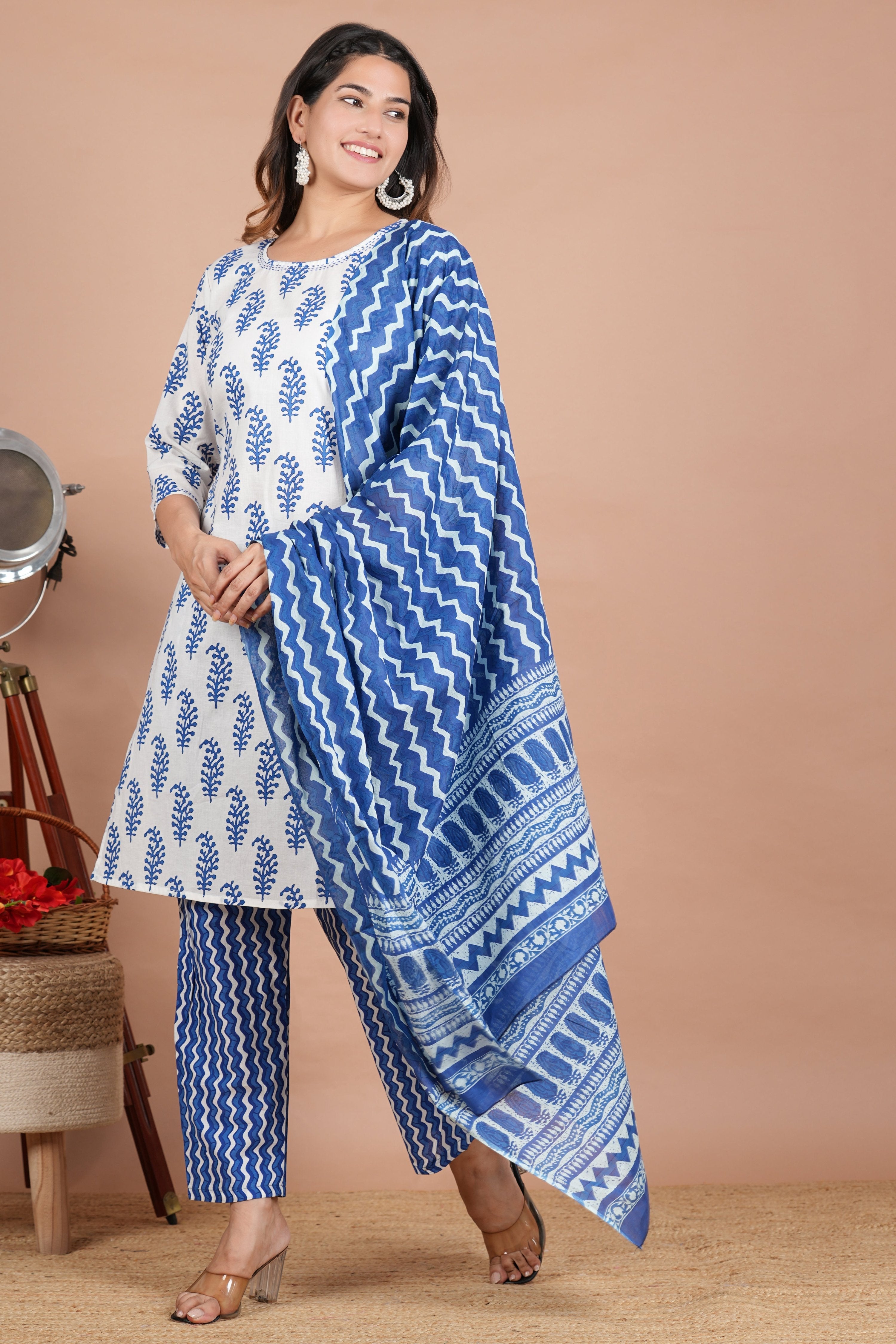 House of RP Women's White & Aqua Blue Cotton Kurta, Pant & Dupatta Set