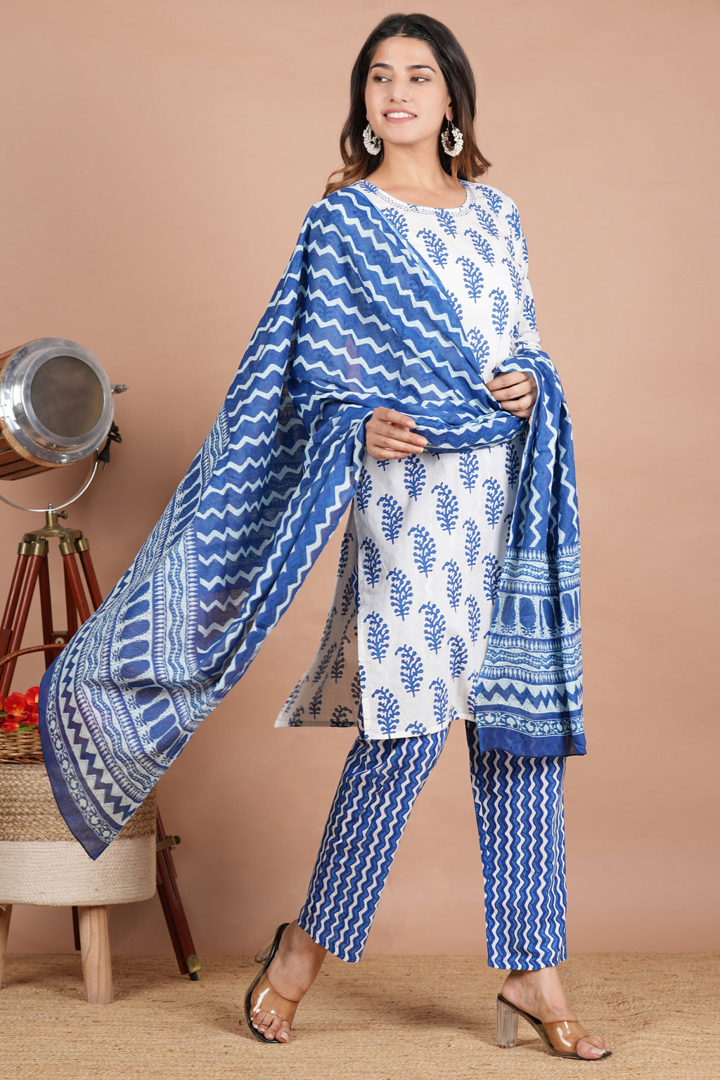House of RP Women's White & Aqua Blue Cotton Kurta, Pant & Dupatta Set